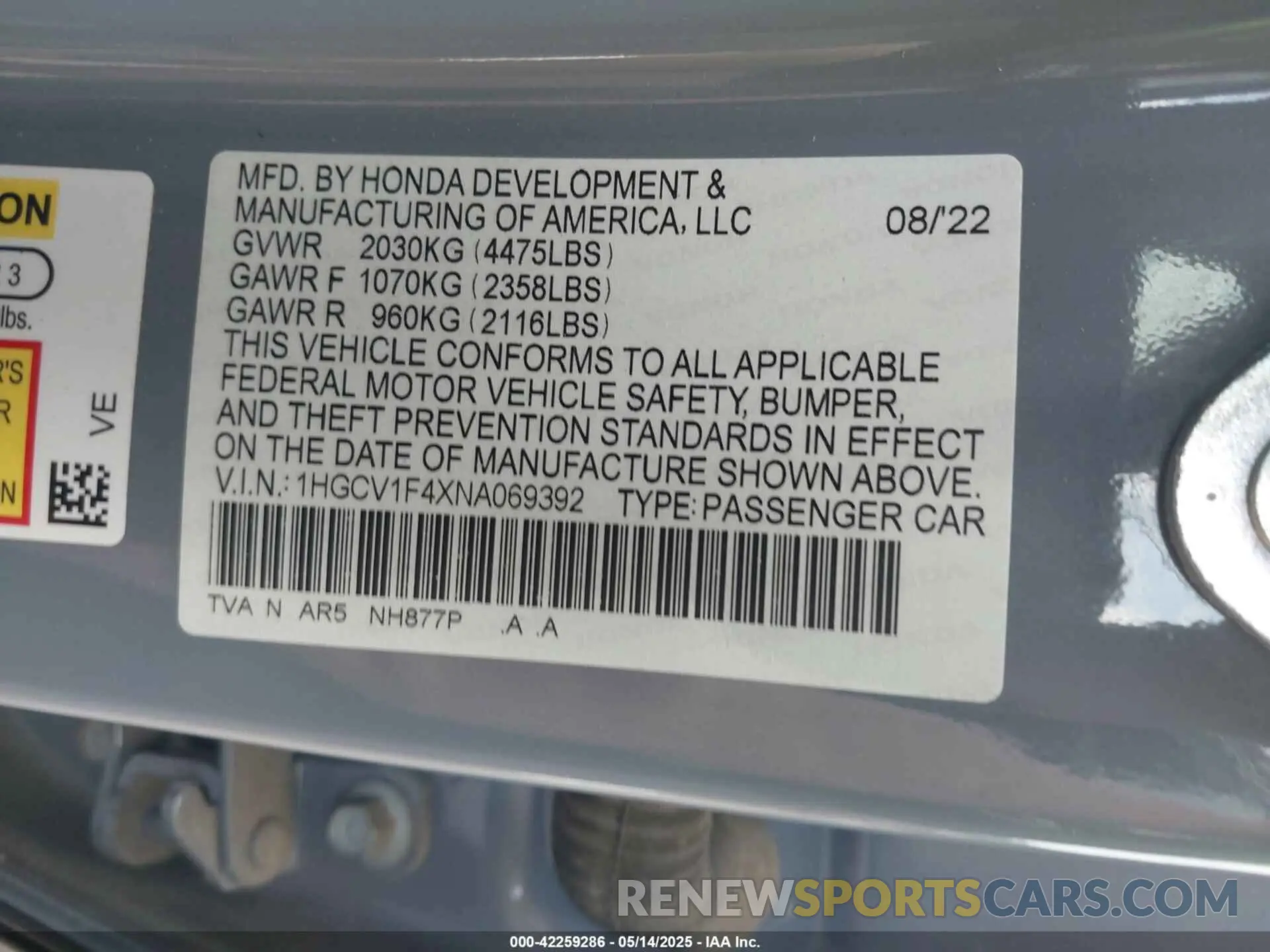 9 Photograph of a damaged car 1HGCV1F4XNA069392 HONDA ACCORD 2022