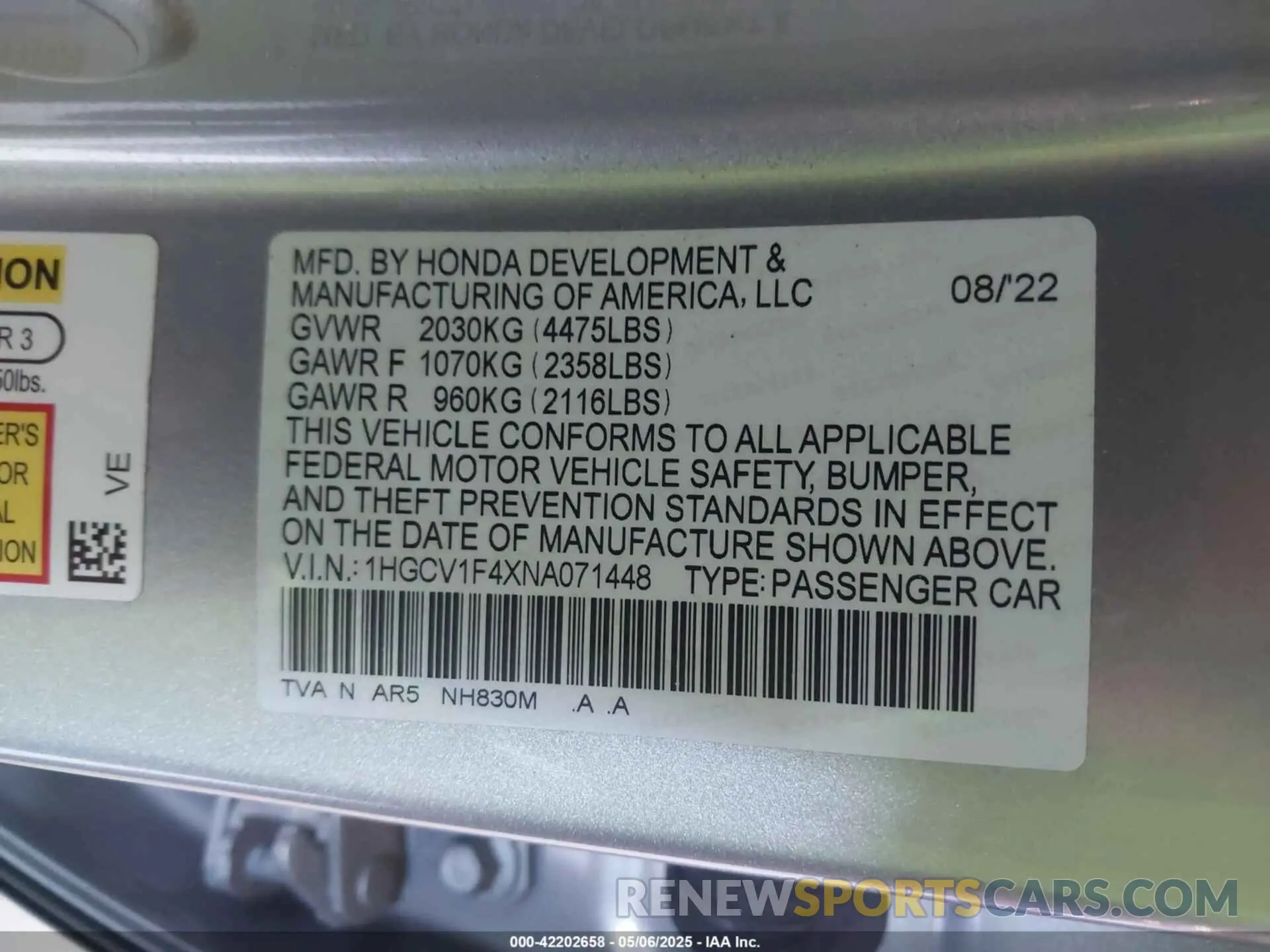 9 Photograph of a damaged car 1HGCV1F4XNA071448 HONDA ACCORD 2022