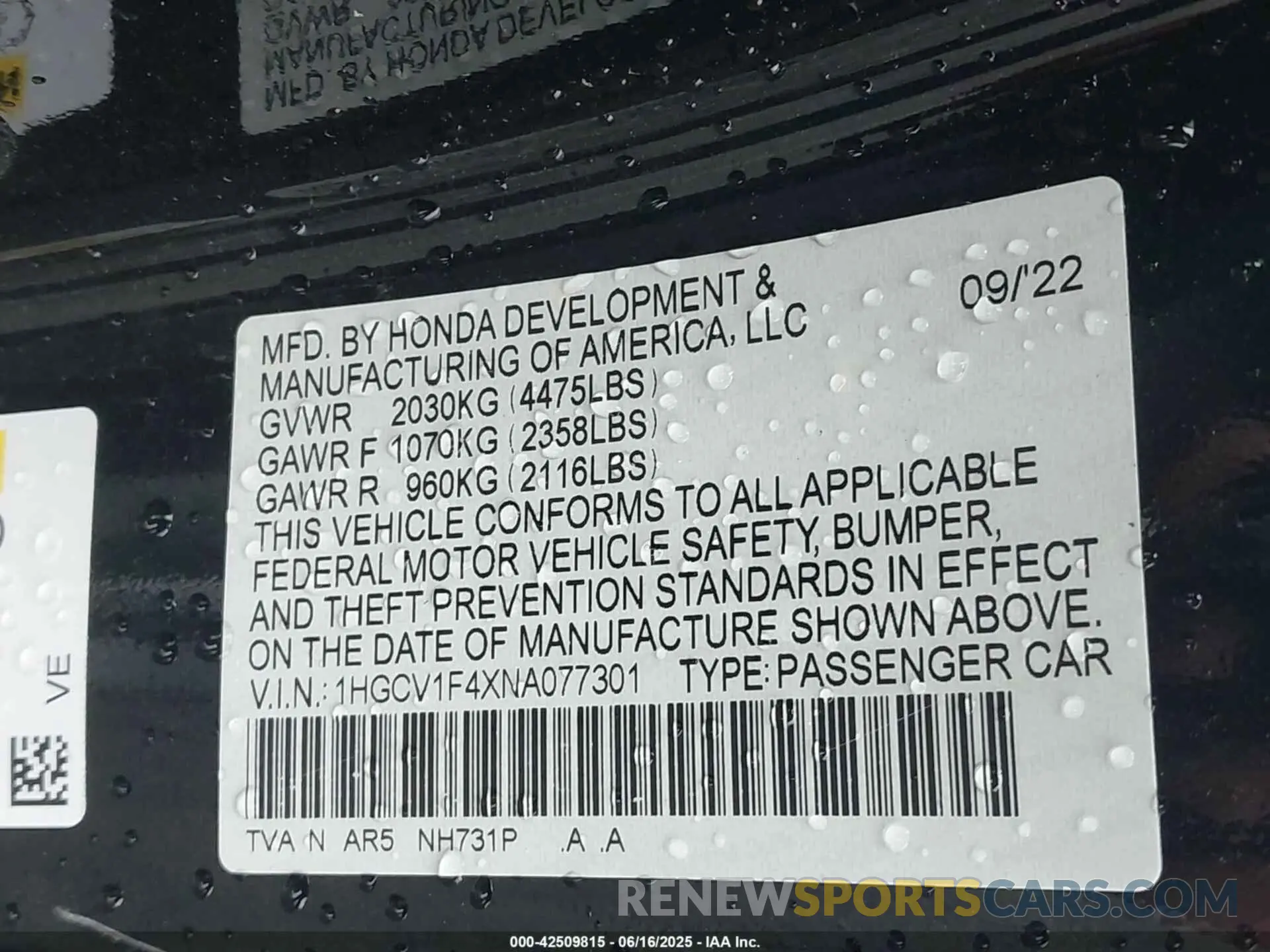 9 Photograph of a damaged car 1HGCV1F4XNA077301 HONDA ACCORD 2022