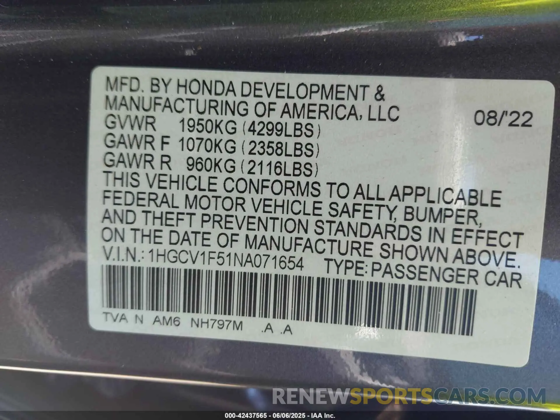 9 Photograph of a damaged car 1HGCV1F51NA071654 HONDA ACCORD 2022