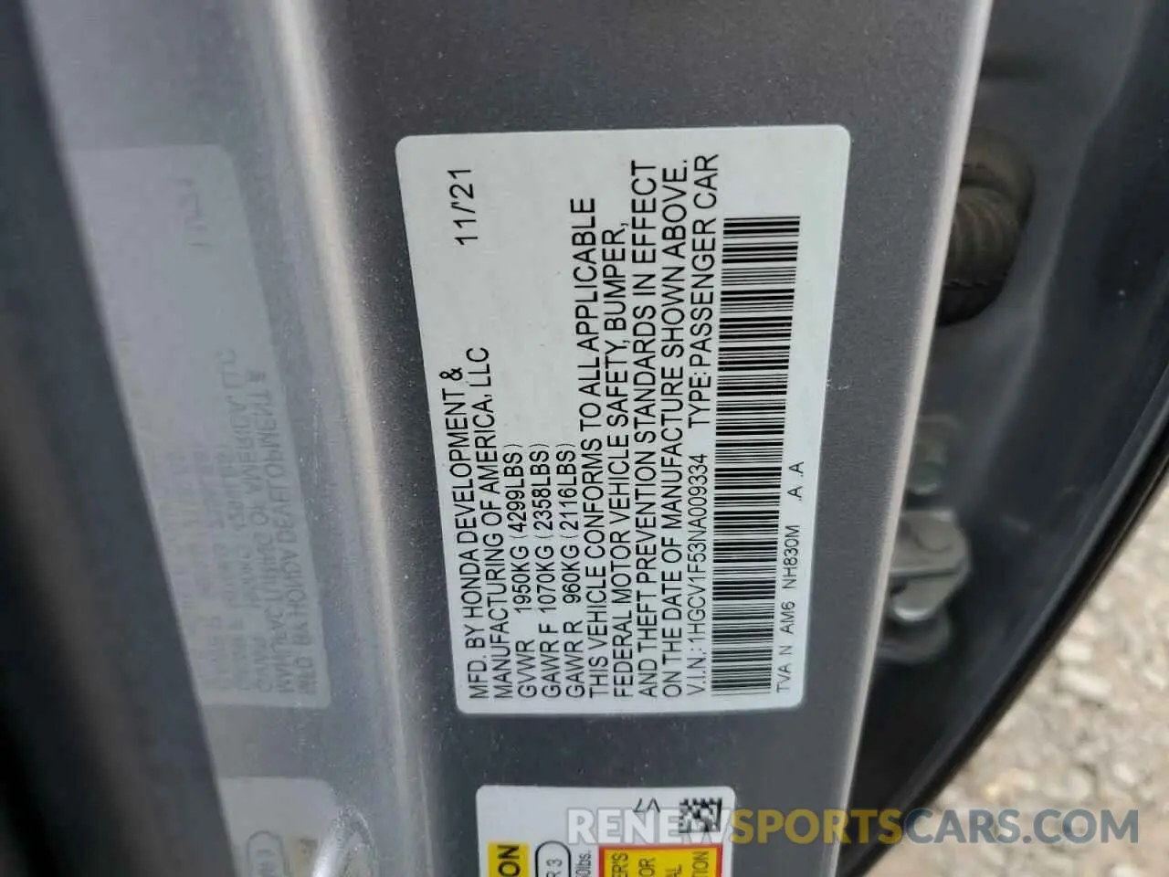 12 Photograph of a damaged car 1HGCV1F53NA009334 HONDA ACCORD 2022
