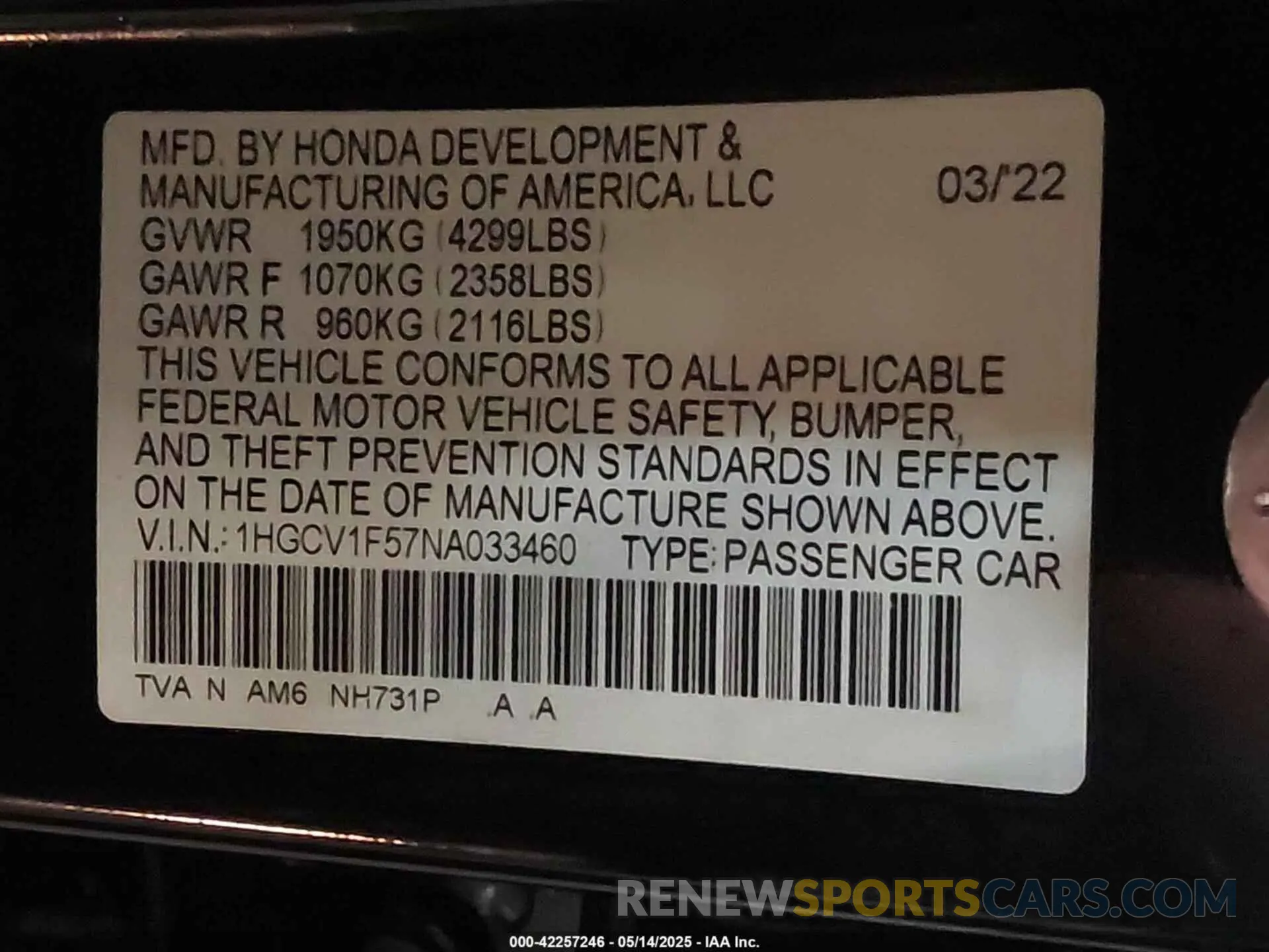 9 Photograph of a damaged car 1HGCV1F57NA033460 HONDA ACCORD 2022