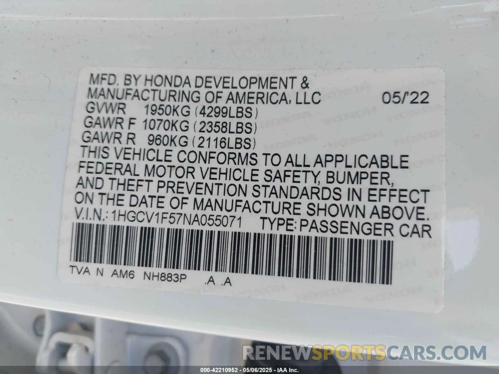 9 Photograph of a damaged car 1HGCV1F57NA055071 HONDA ACCORD 2022