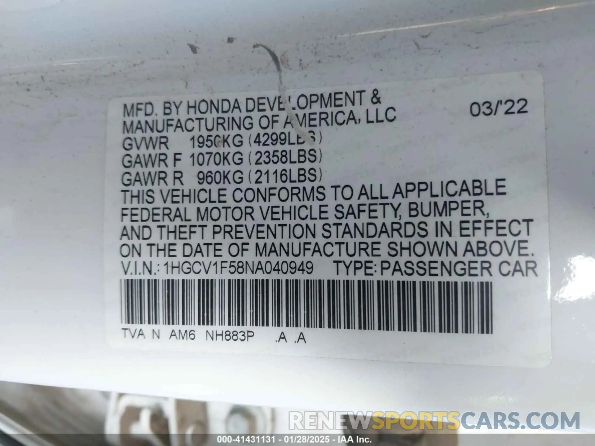 9 Photograph of a damaged car 1HGCV1F58NA040949 HONDA ACCORD 2022