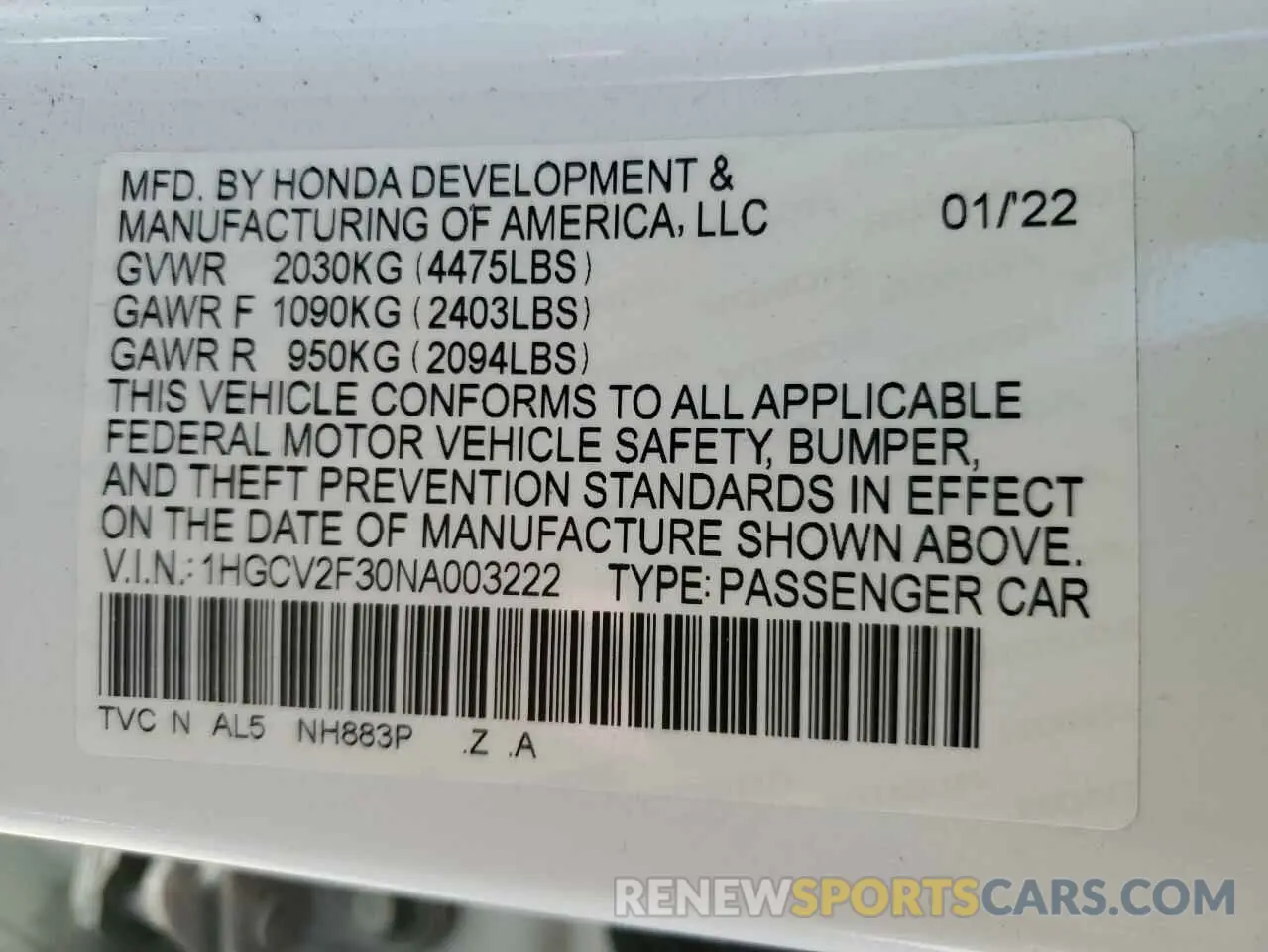 14 Photograph of a damaged car 1HGCV2F30NA003222 HONDA ACCORD 2022