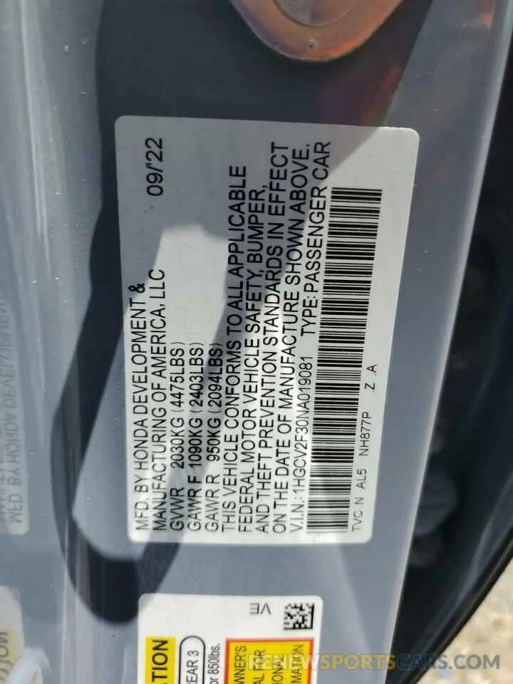 12 Photograph of a damaged car 1HGCV2F30NA019081 HONDA ACCORD 2022