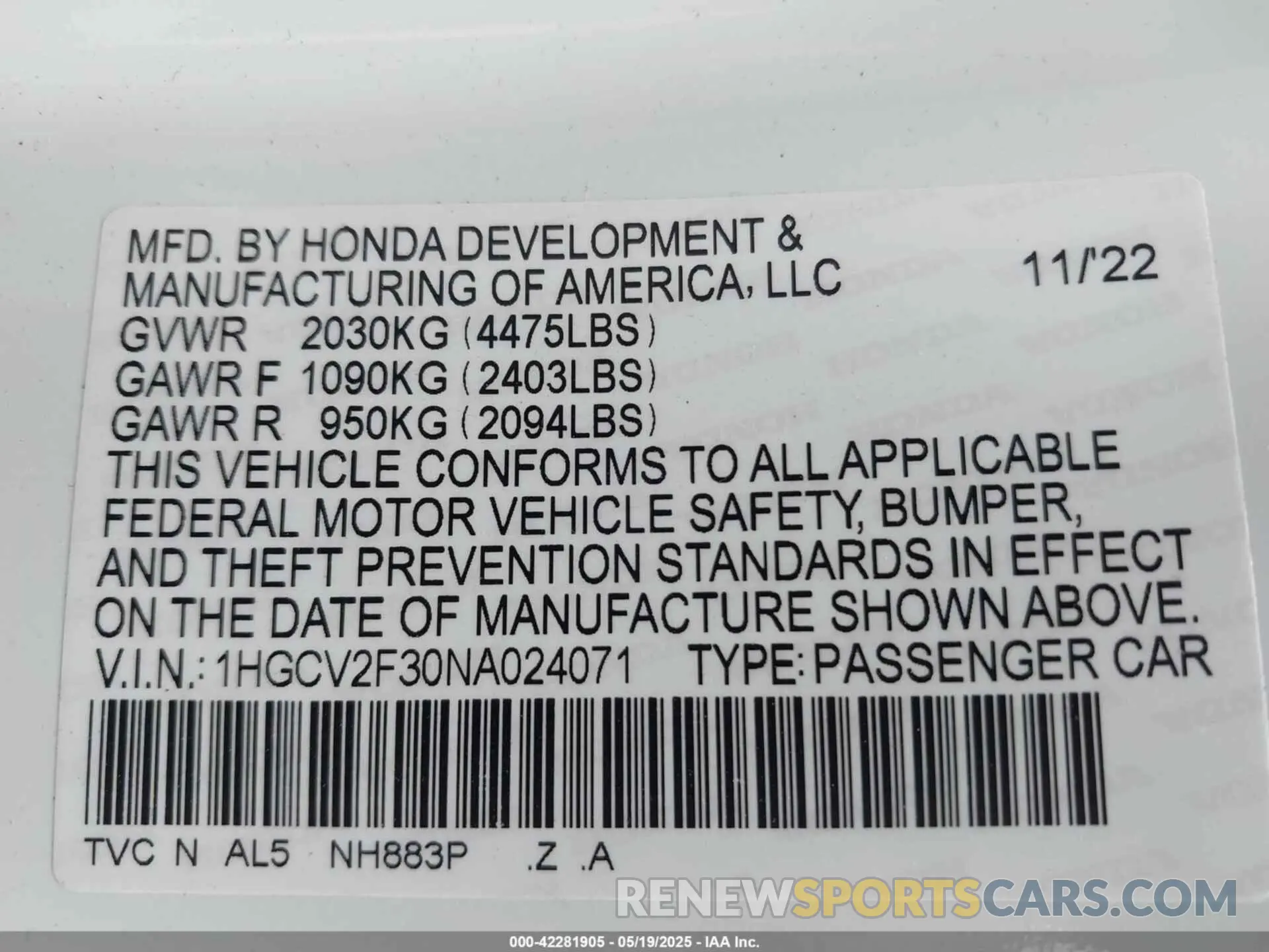 9 Photograph of a damaged car 1HGCV2F30NA024071 HONDA ACCORD 2022
