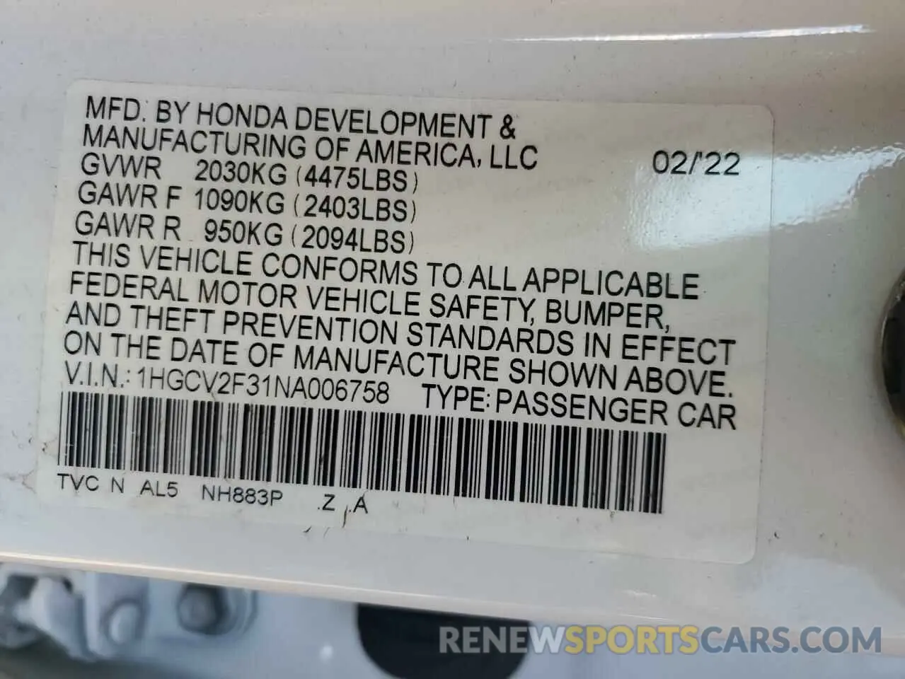 14 Photograph of a damaged car 1HGCV2F31NA006758 HONDA ACCORD 2022