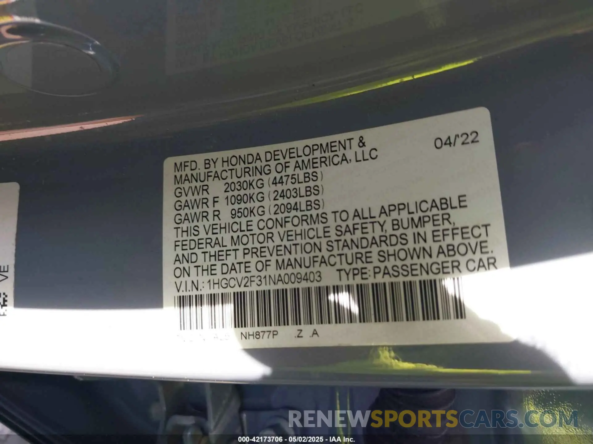 9 Photograph of a damaged car 1HGCV2F31NA009403 HONDA ACCORD 2022