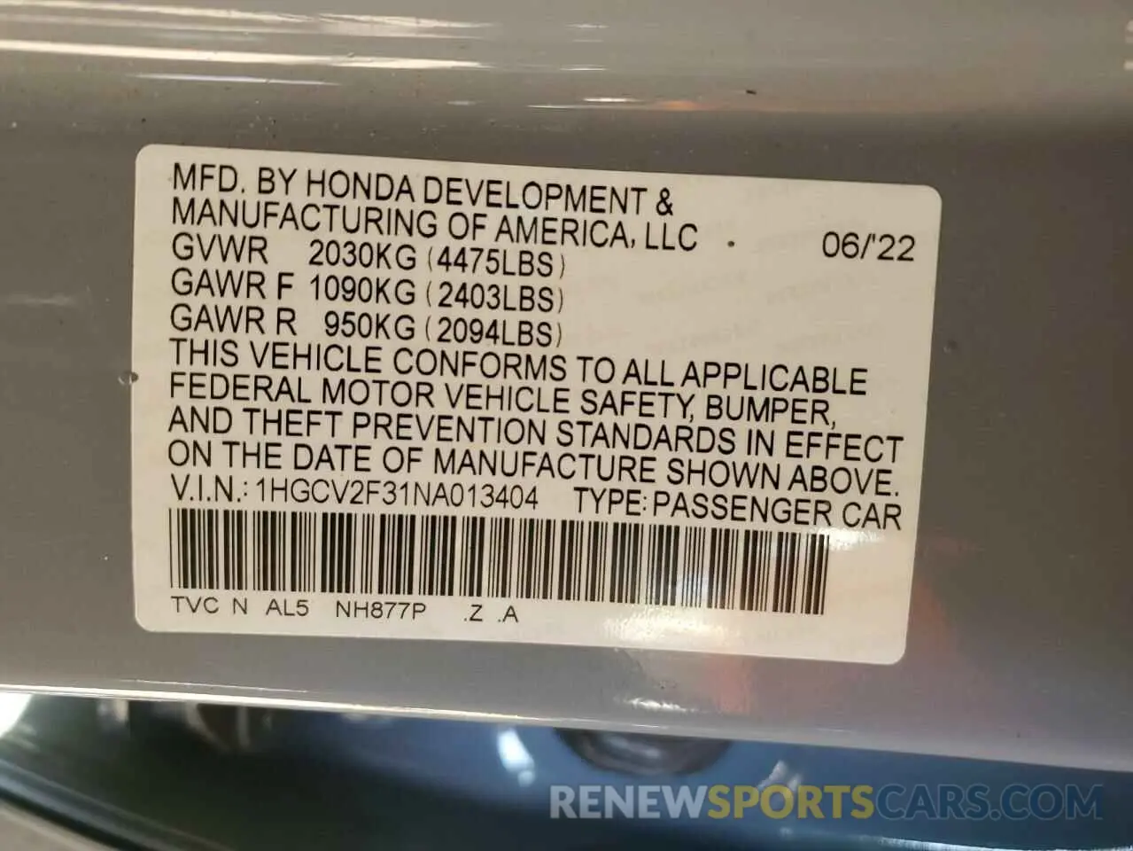 13 Photograph of a damaged car 1HGCV2F31NA013404 HONDA ACCORD 2022