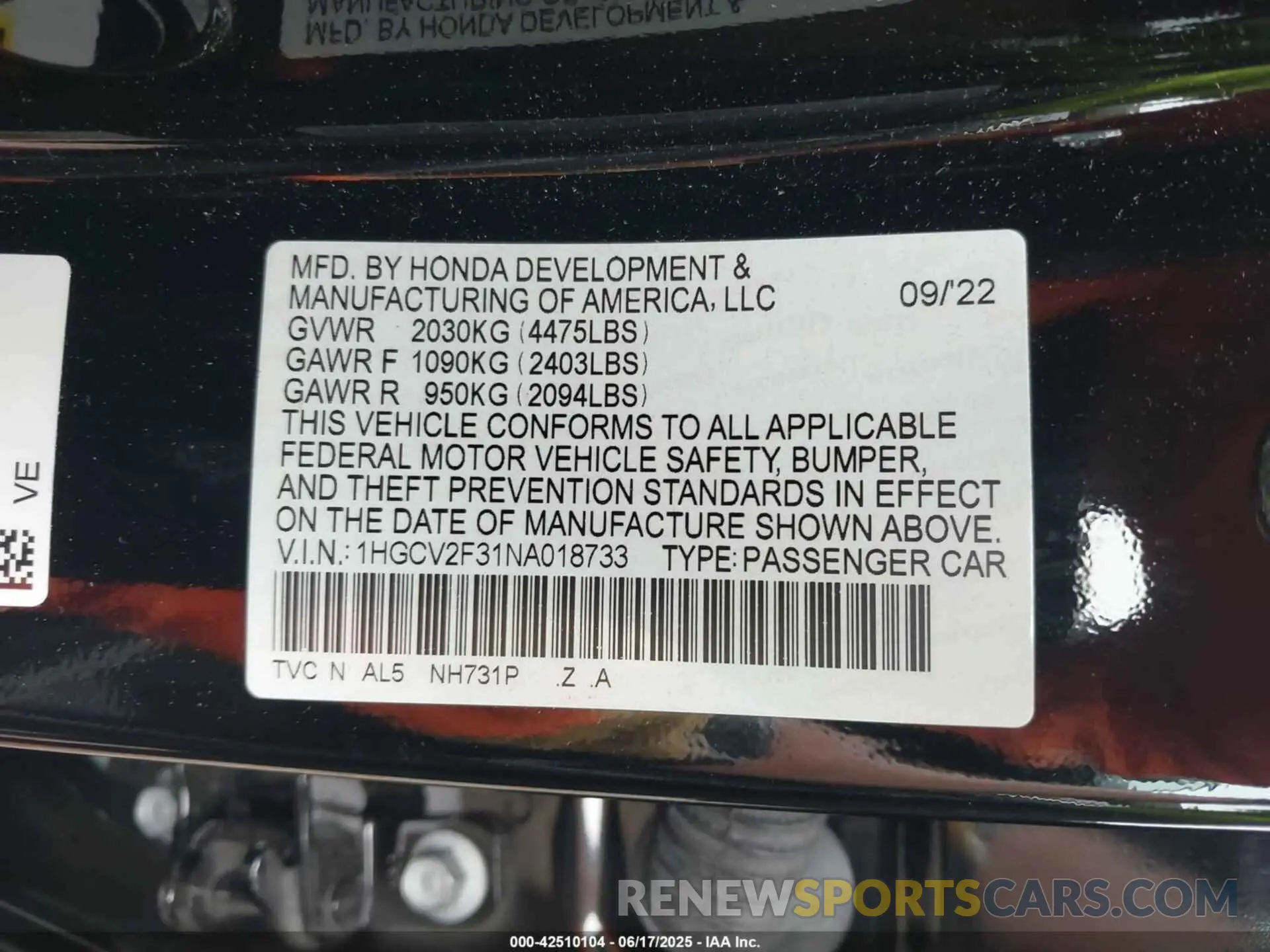 9 Photograph of a damaged car 1HGCV2F31NA018733 HONDA ACCORD 2022
