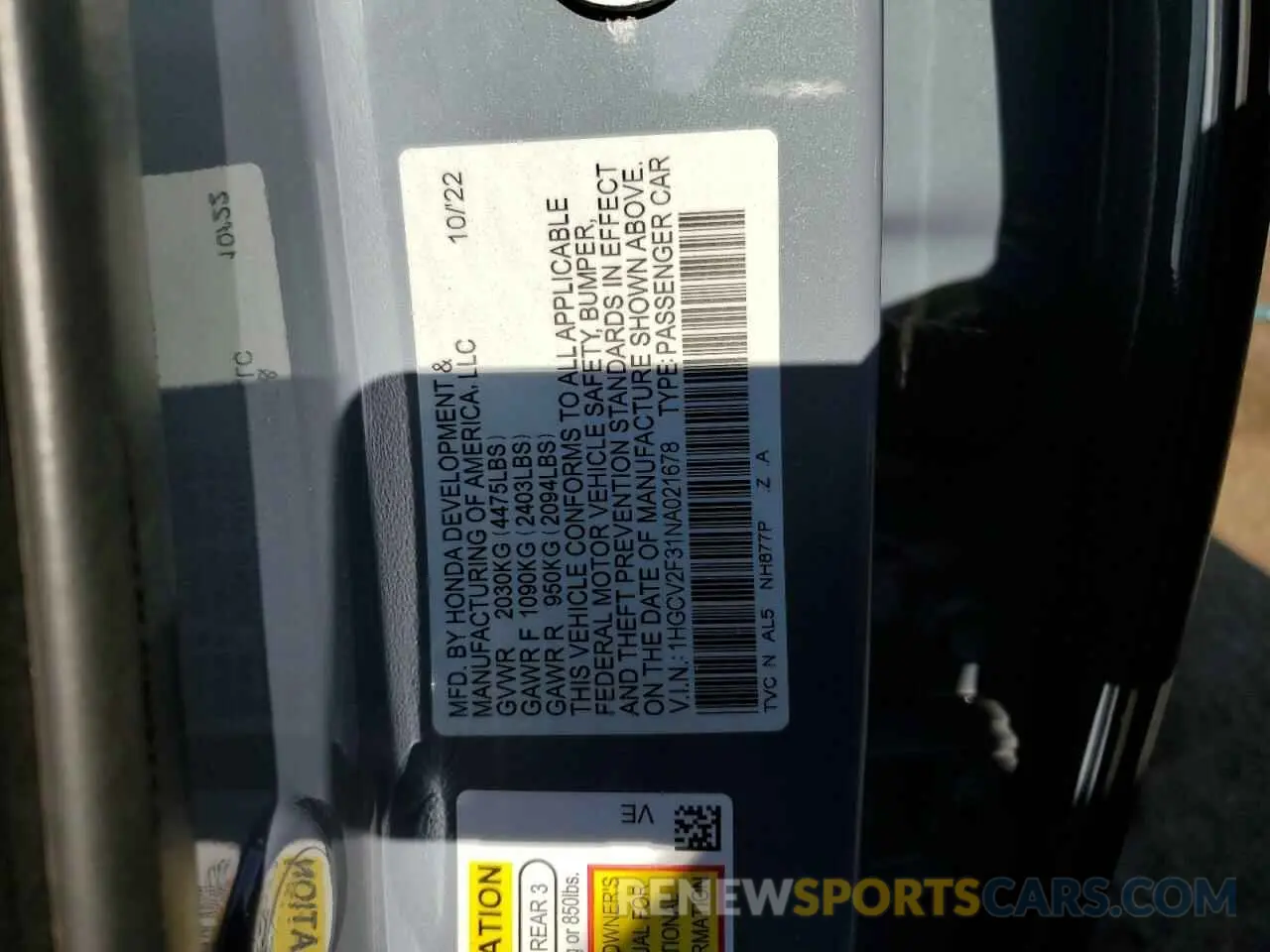 12 Photograph of a damaged car 1HGCV2F31NA021678 HONDA ACCORD 2022