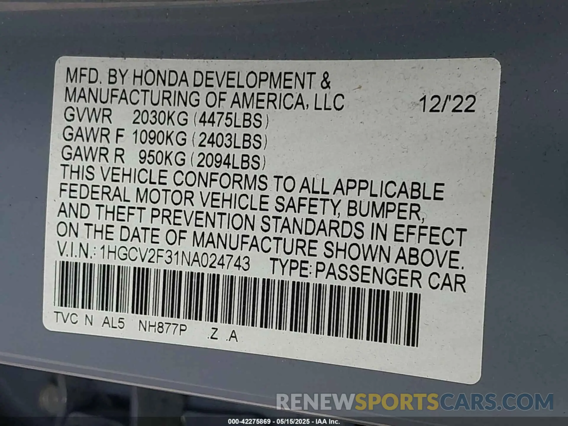 9 Photograph of a damaged car 1HGCV2F31NA024743 HONDA ACCORD 2022