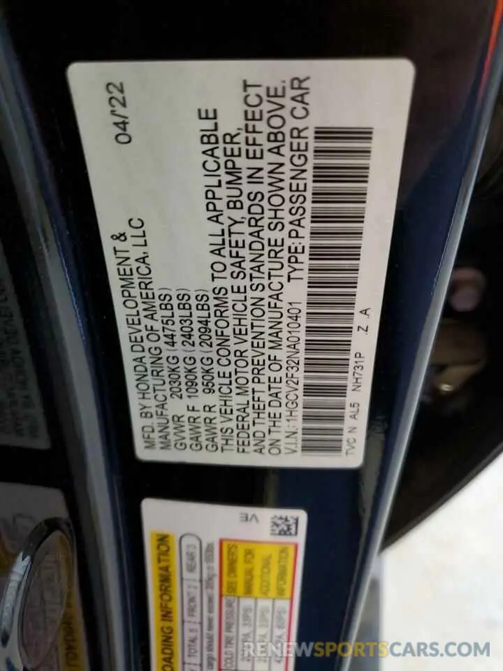 13 Photograph of a damaged car 1HGCV2F32NA010401 HONDA ACCORD 2022