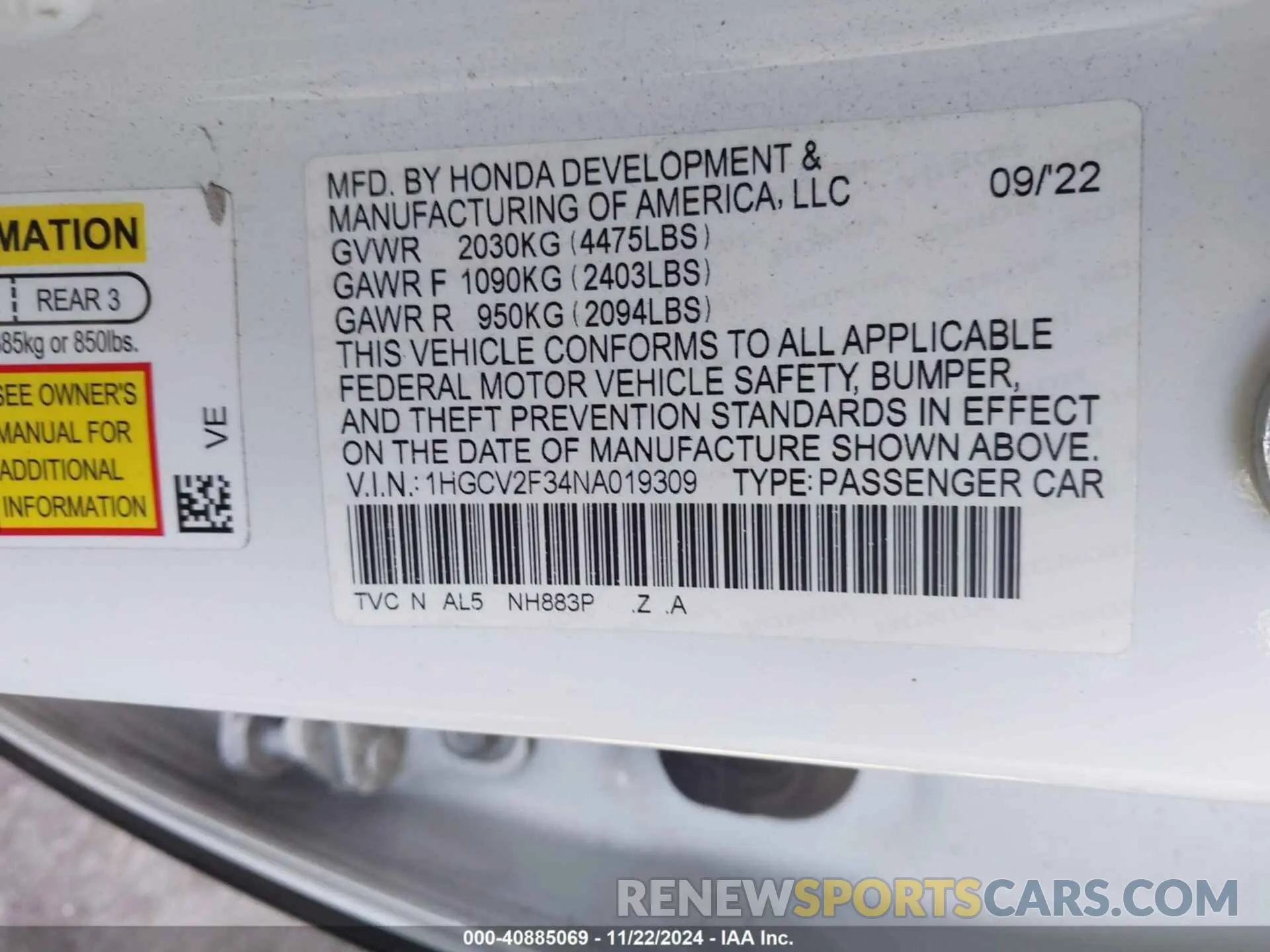 9 Photograph of a damaged car 1HGCV2F34NA019309 HONDA ACCORD 2022