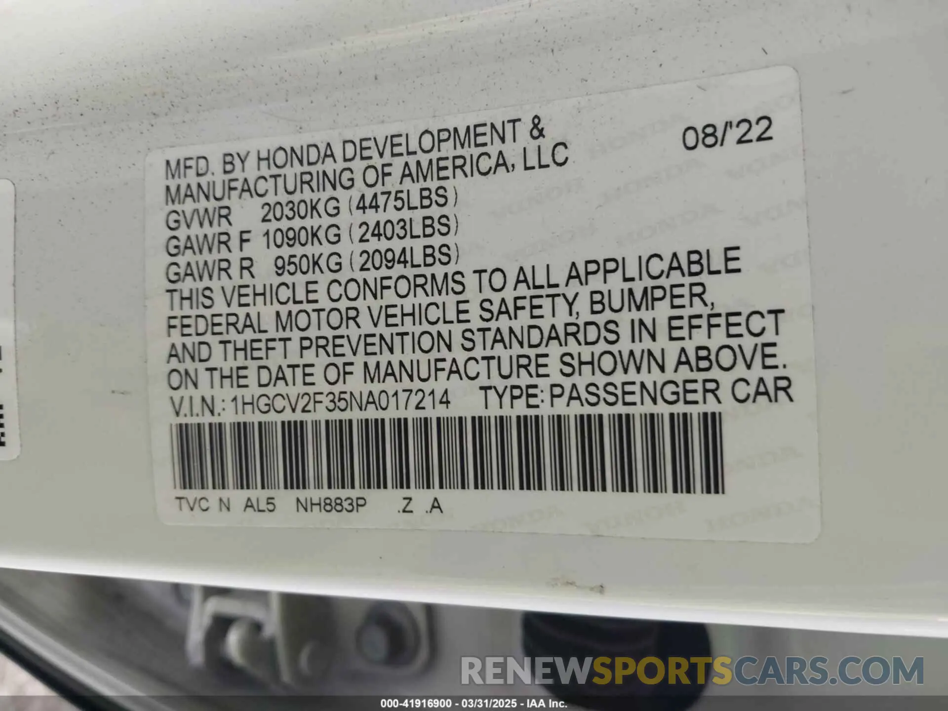 9 Photograph of a damaged car 1HGCV2F35NA017214 HONDA ACCORD 2022
