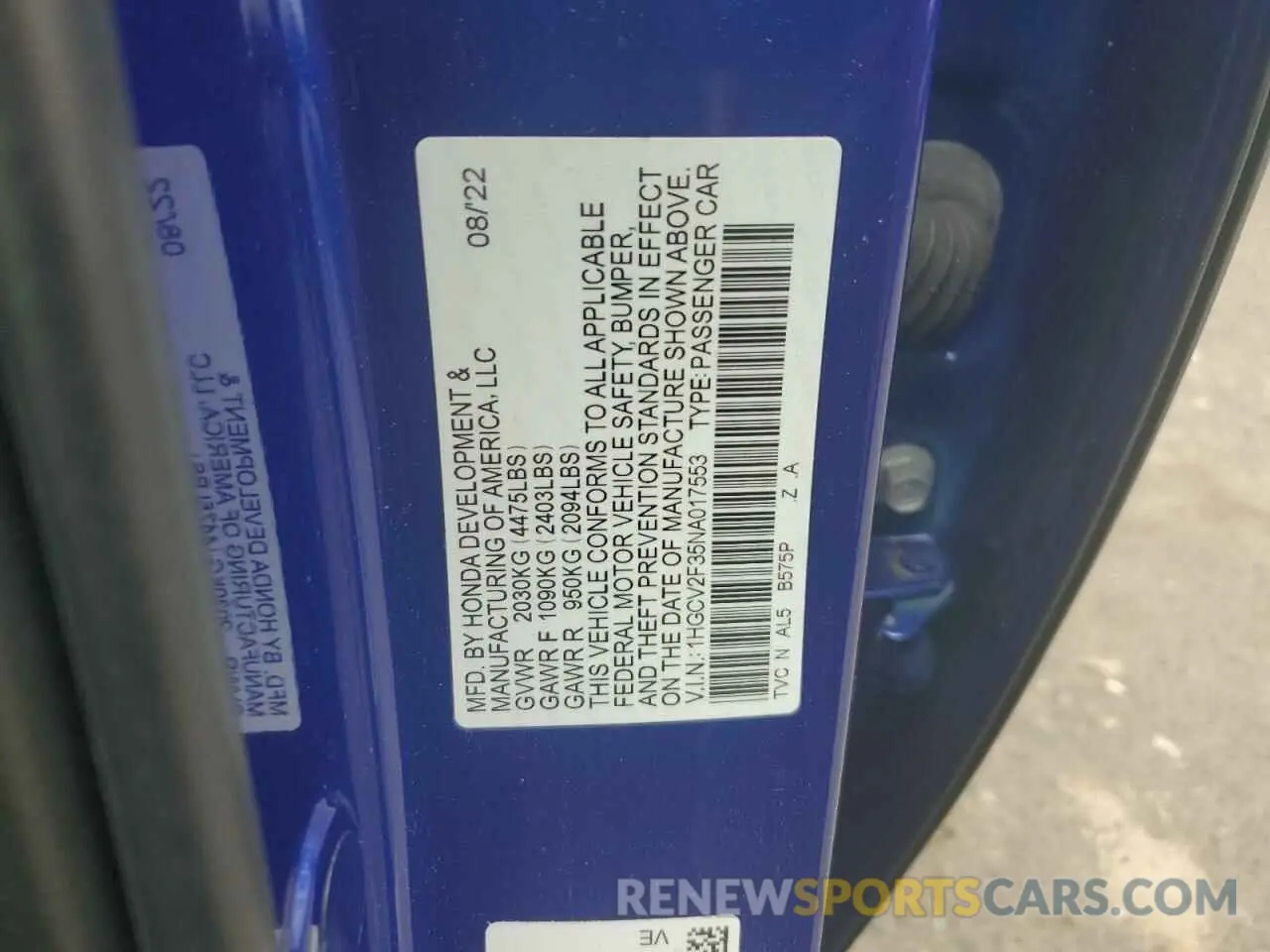 12 Photograph of a damaged car 1HGCV2F35NA017553 HONDA ACCORD 2022