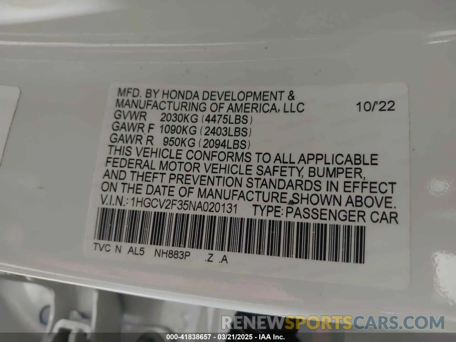 9 Photograph of a damaged car 1HGCV2F35NA020131 HONDA ACCORD 2022