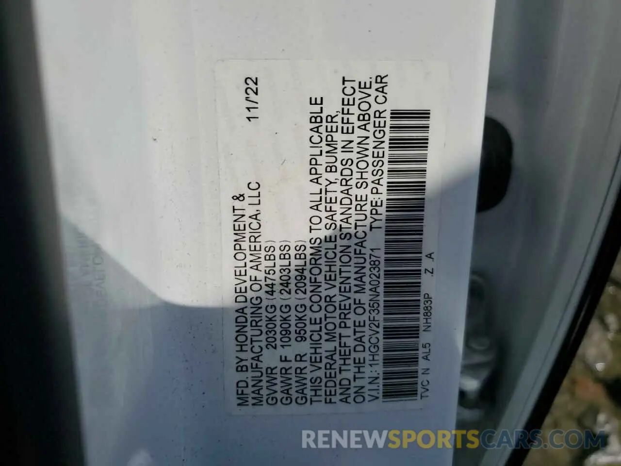 12 Photograph of a damaged car 1HGCV2F35NA023871 HONDA ACCORD 2022