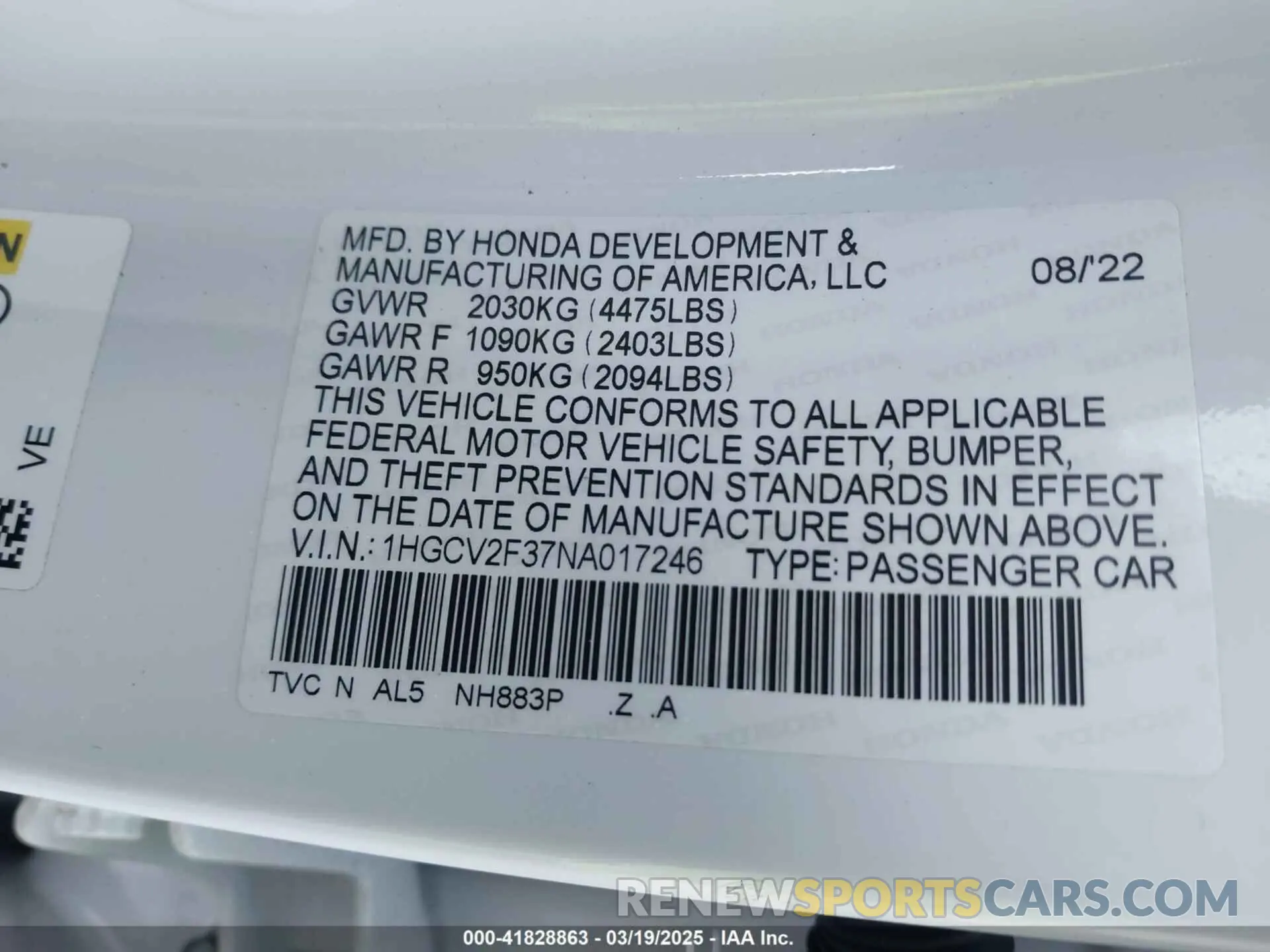 9 Photograph of a damaged car 1HGCV2F37NA017246 HONDA ACCORD 2022
