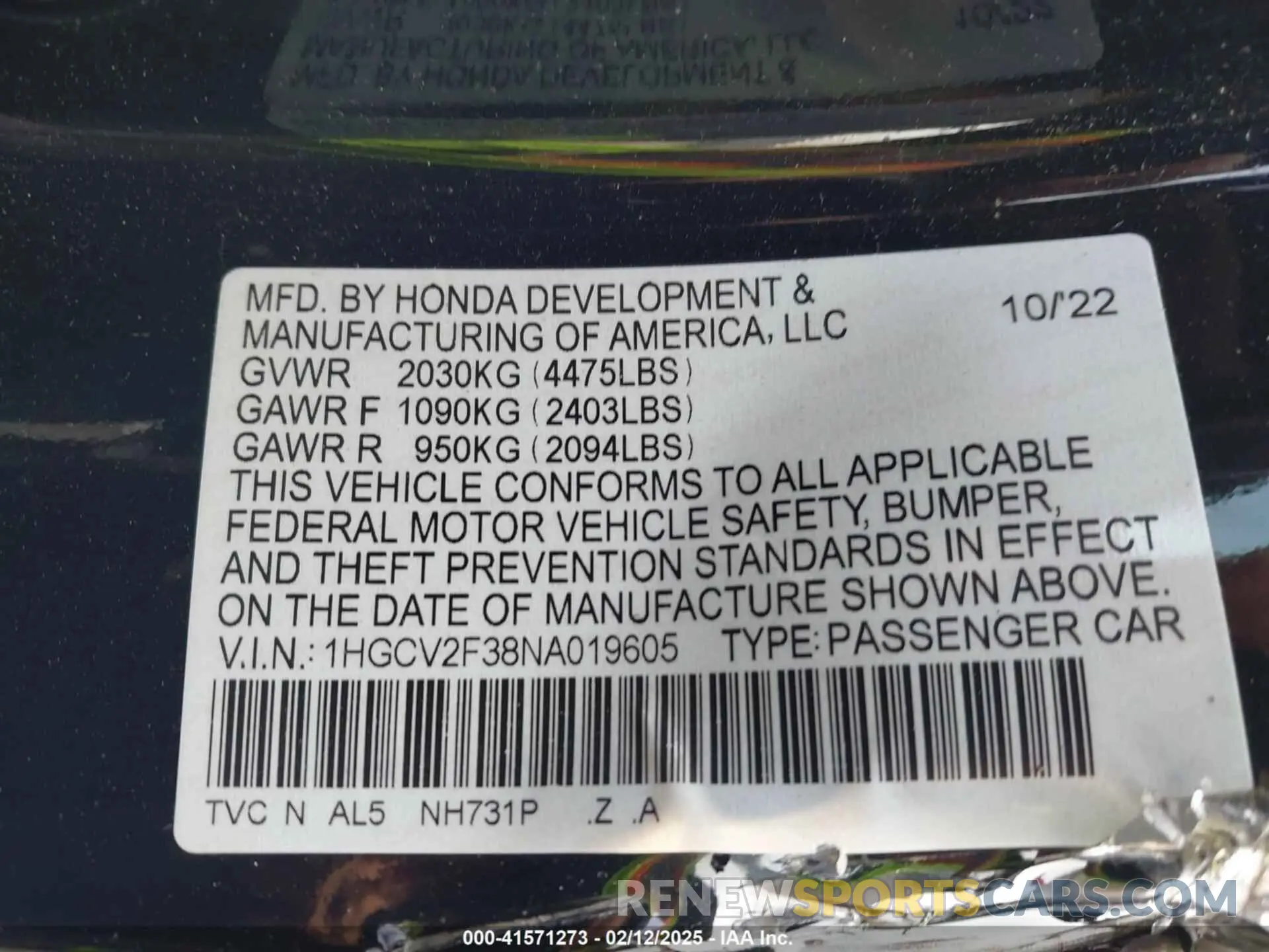 9 Photograph of a damaged car 1HGCV2F38NA019605 HONDA ACCORD 2022