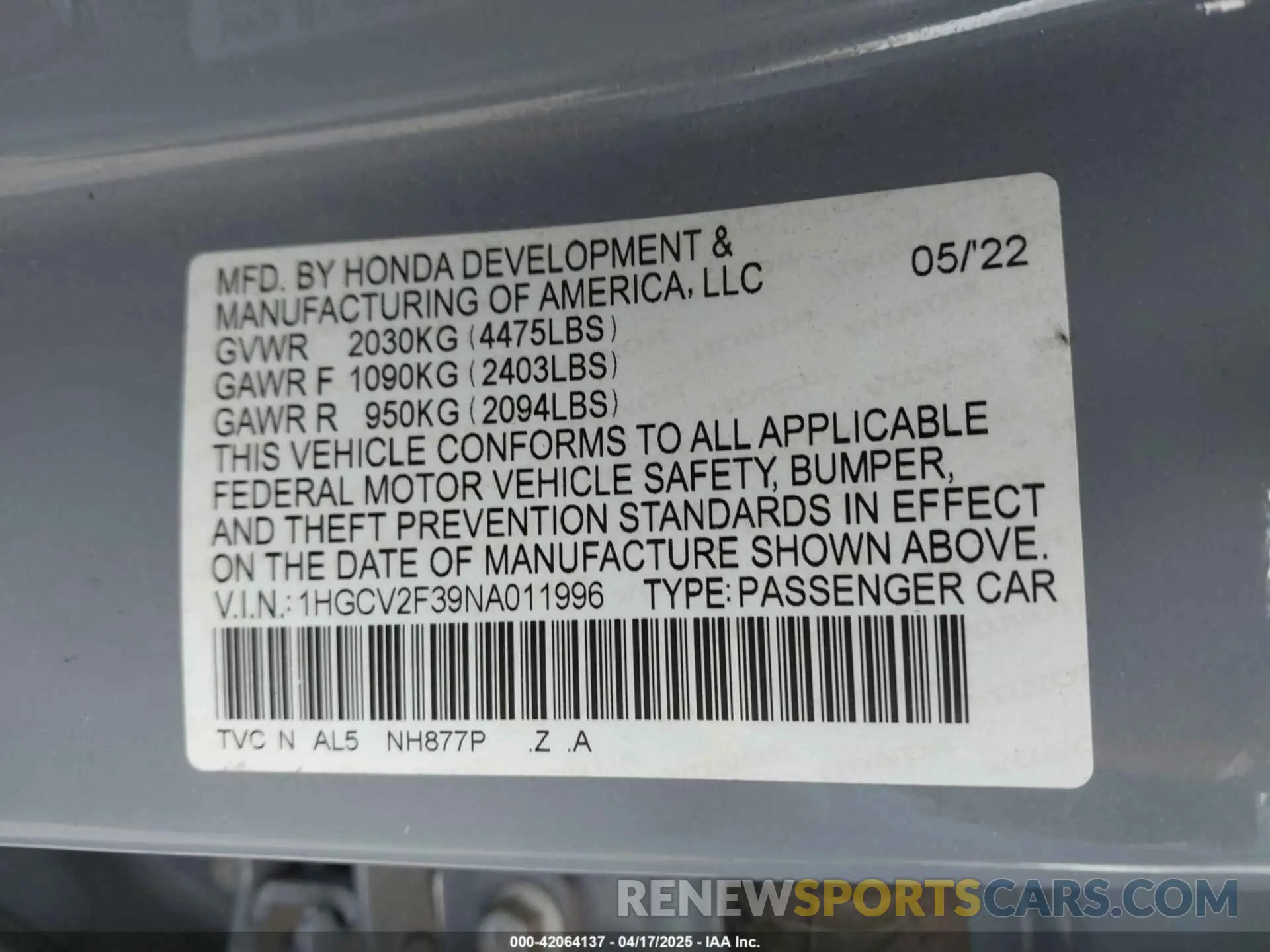 9 Photograph of a damaged car 1HGCV2F39NA011996 HONDA ACCORD 2022