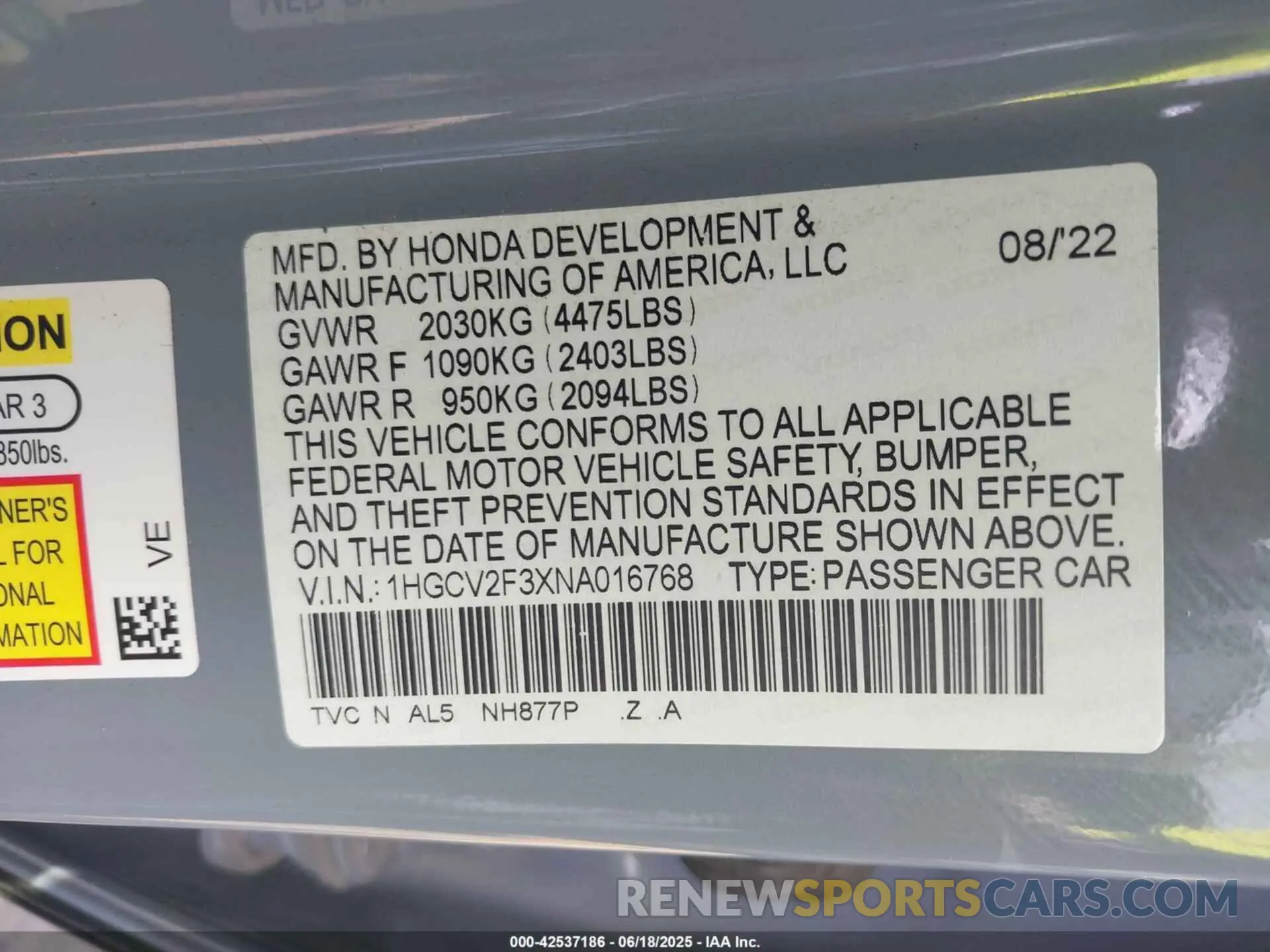 9 Photograph of a damaged car 1HGCV2F3XNA016768 HONDA ACCORD 2022
