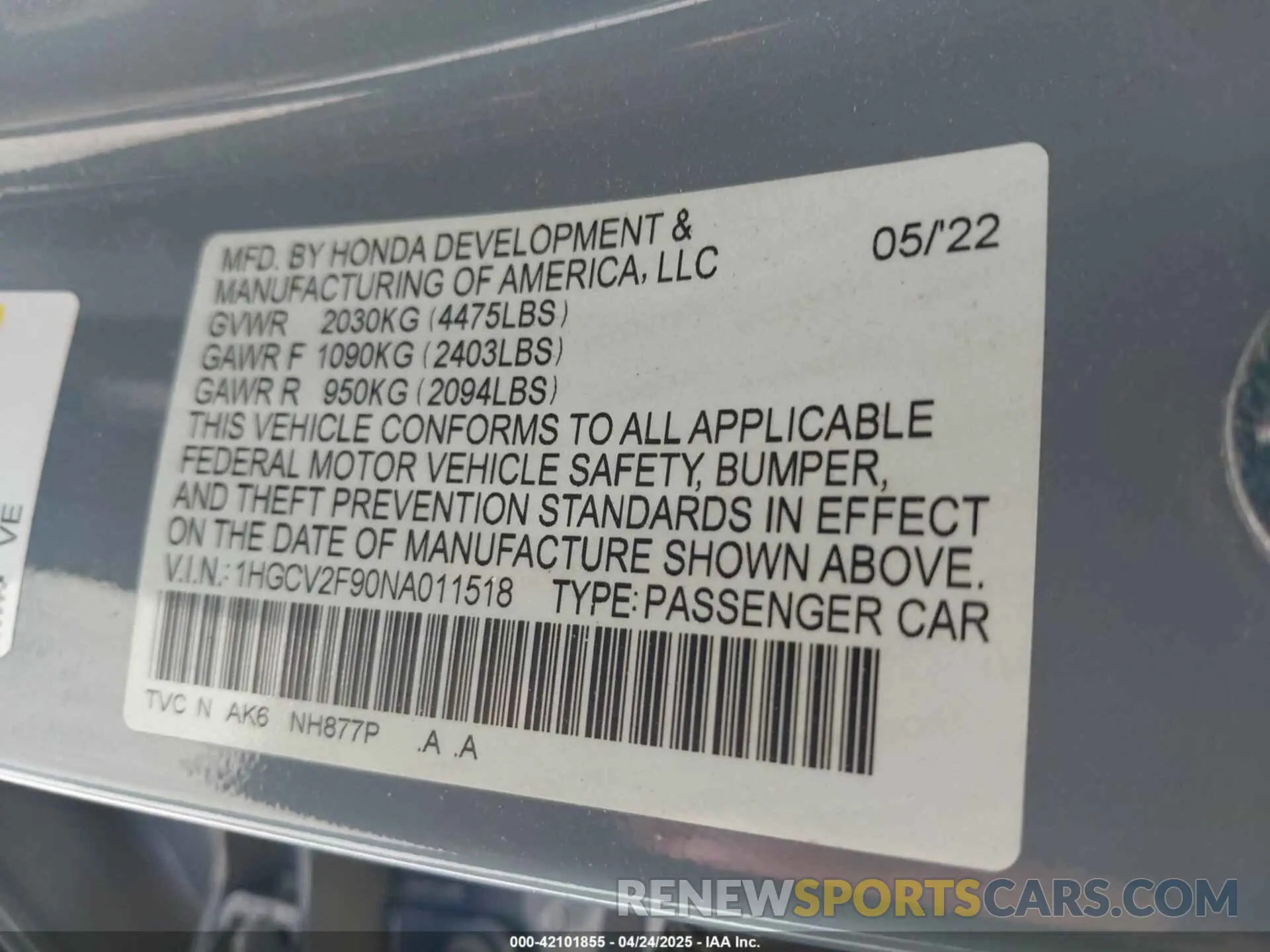 9 Photograph of a damaged car 1HGCV2F90NA011518 HONDA ACCORD 2022