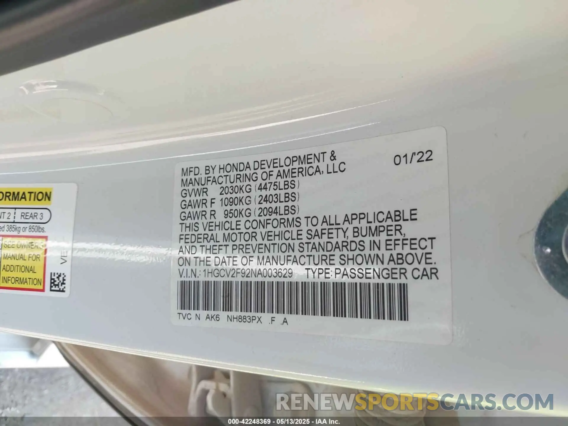 9 Photograph of a damaged car 1HGCV2F92NA003629 HONDA ACCORD 2022