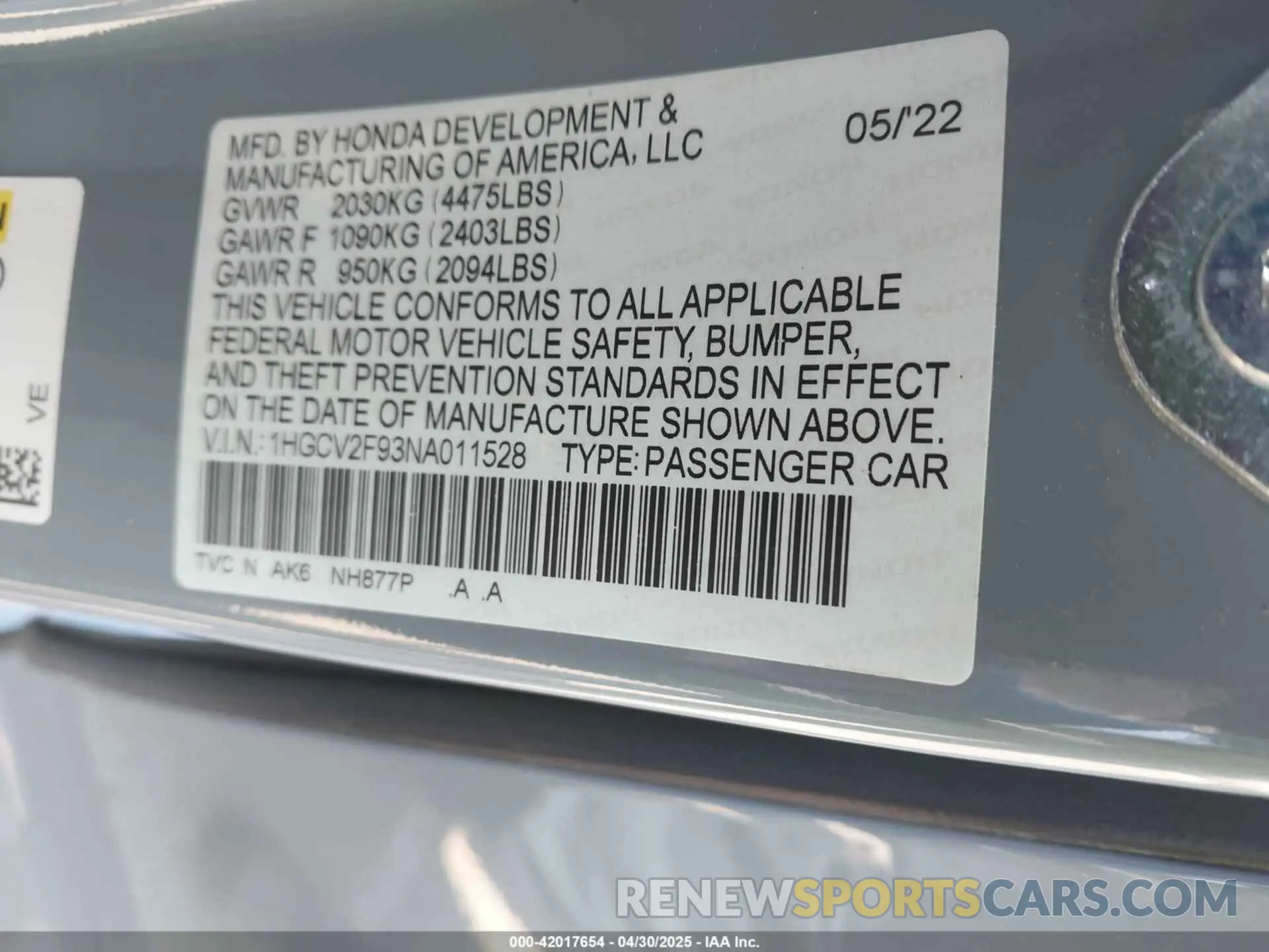 9 Photograph of a damaged car 1HGCV2F93NA011528 HONDA ACCORD 2022