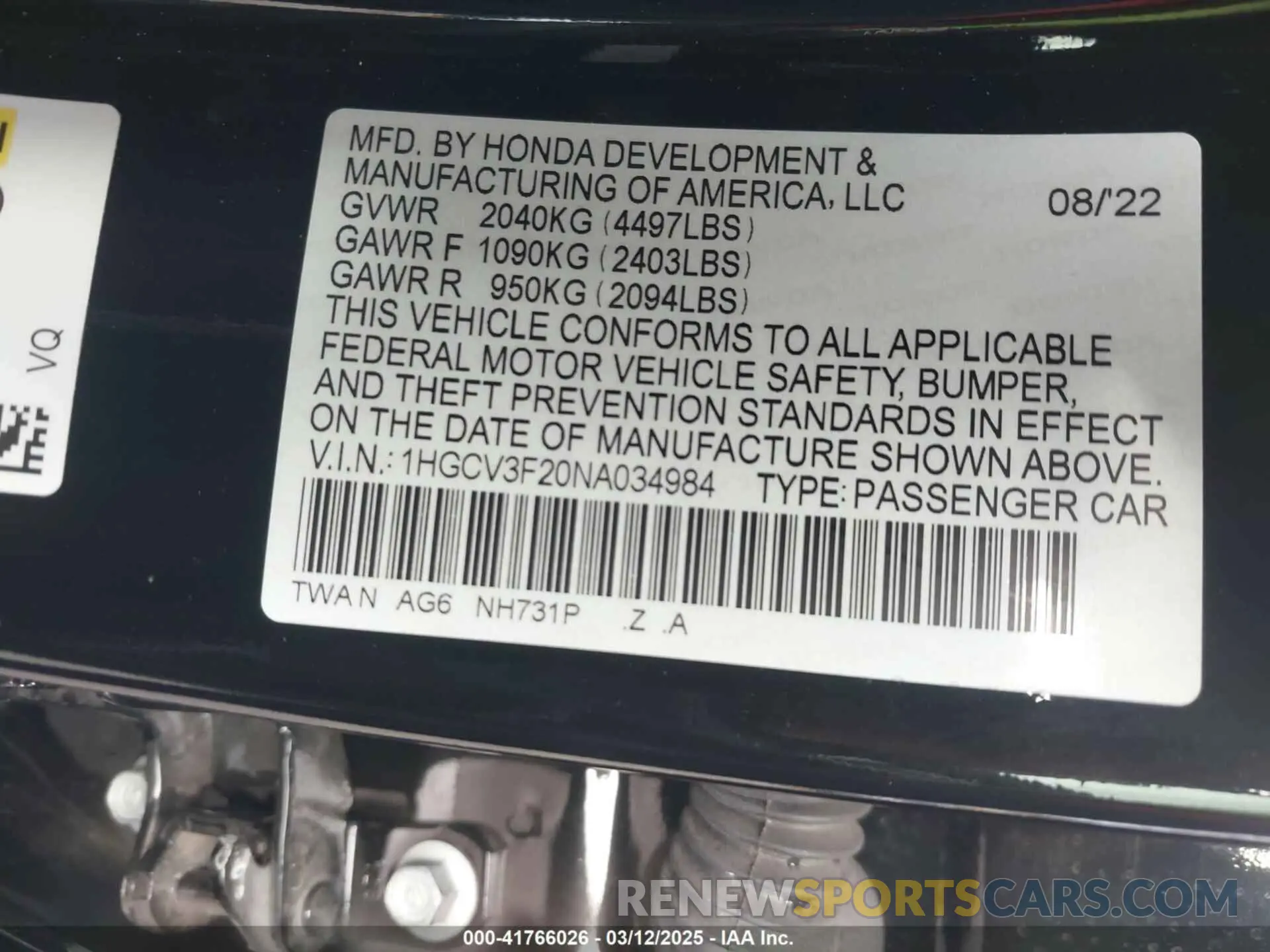 9 Photograph of a damaged car 1HGCV3F20NA034984 HONDA ACCORD 2022