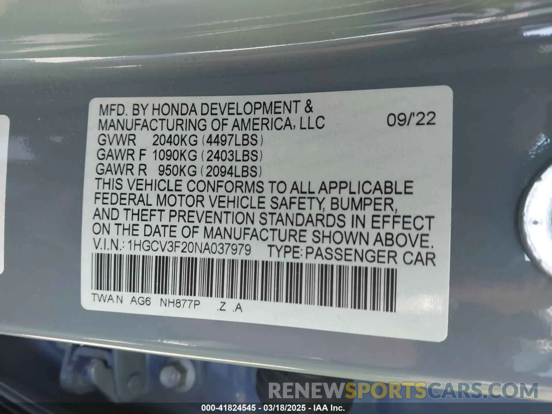 9 Photograph of a damaged car 1HGCV3F20NA037979 HONDA ACCORD 2022