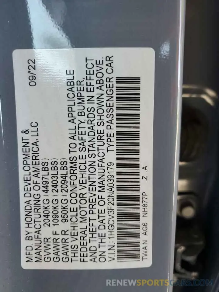 12 Photograph of a damaged car 1HGCV3F20NA039179 HONDA ACCORD 2022