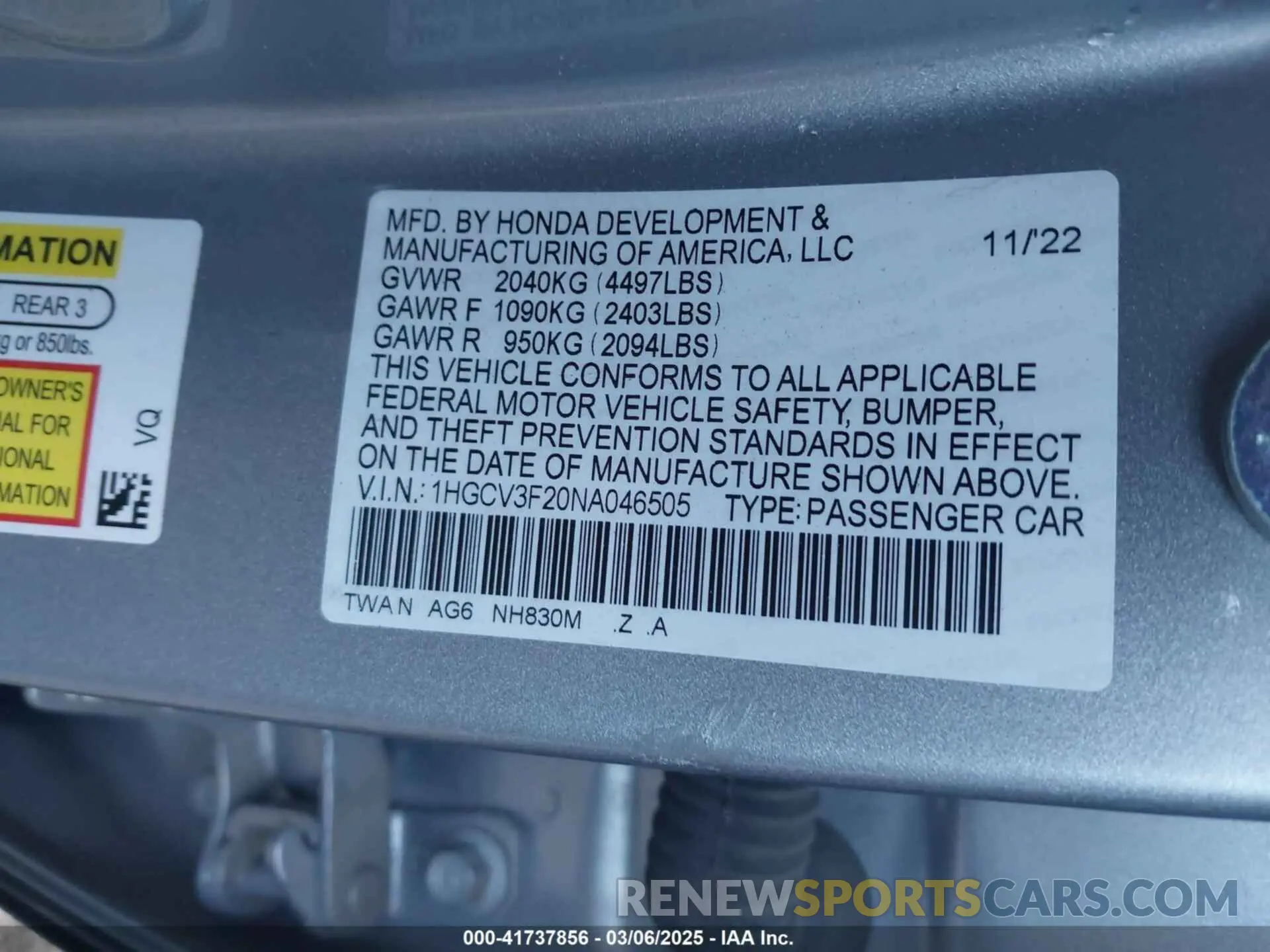 9 Photograph of a damaged car 1HGCV3F20NA046505 HONDA ACCORD 2022