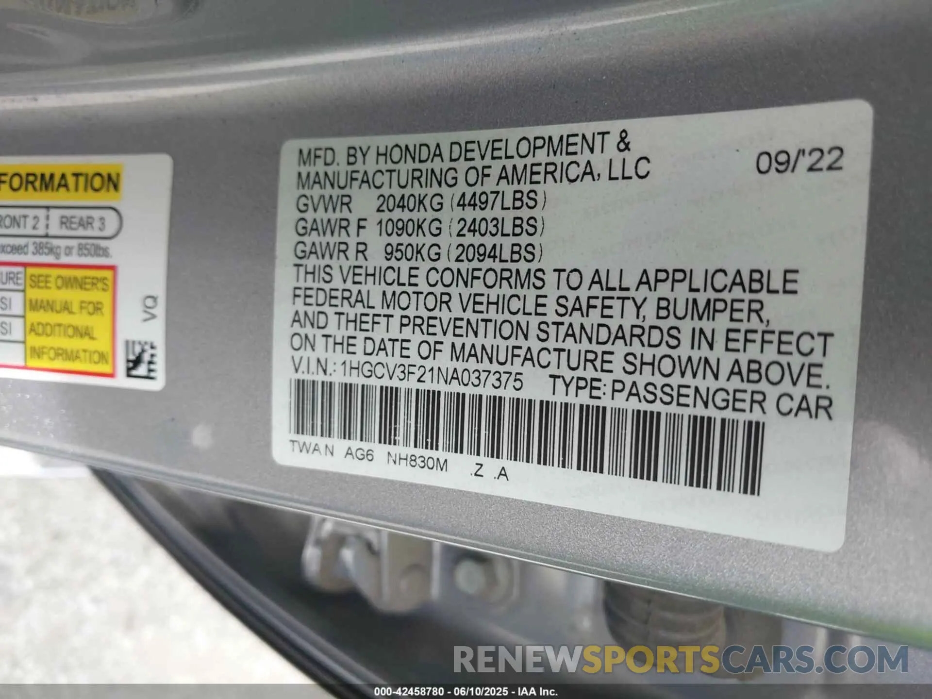 9 Photograph of a damaged car 1HGCV3F21NA037375 HONDA ACCORD 2022