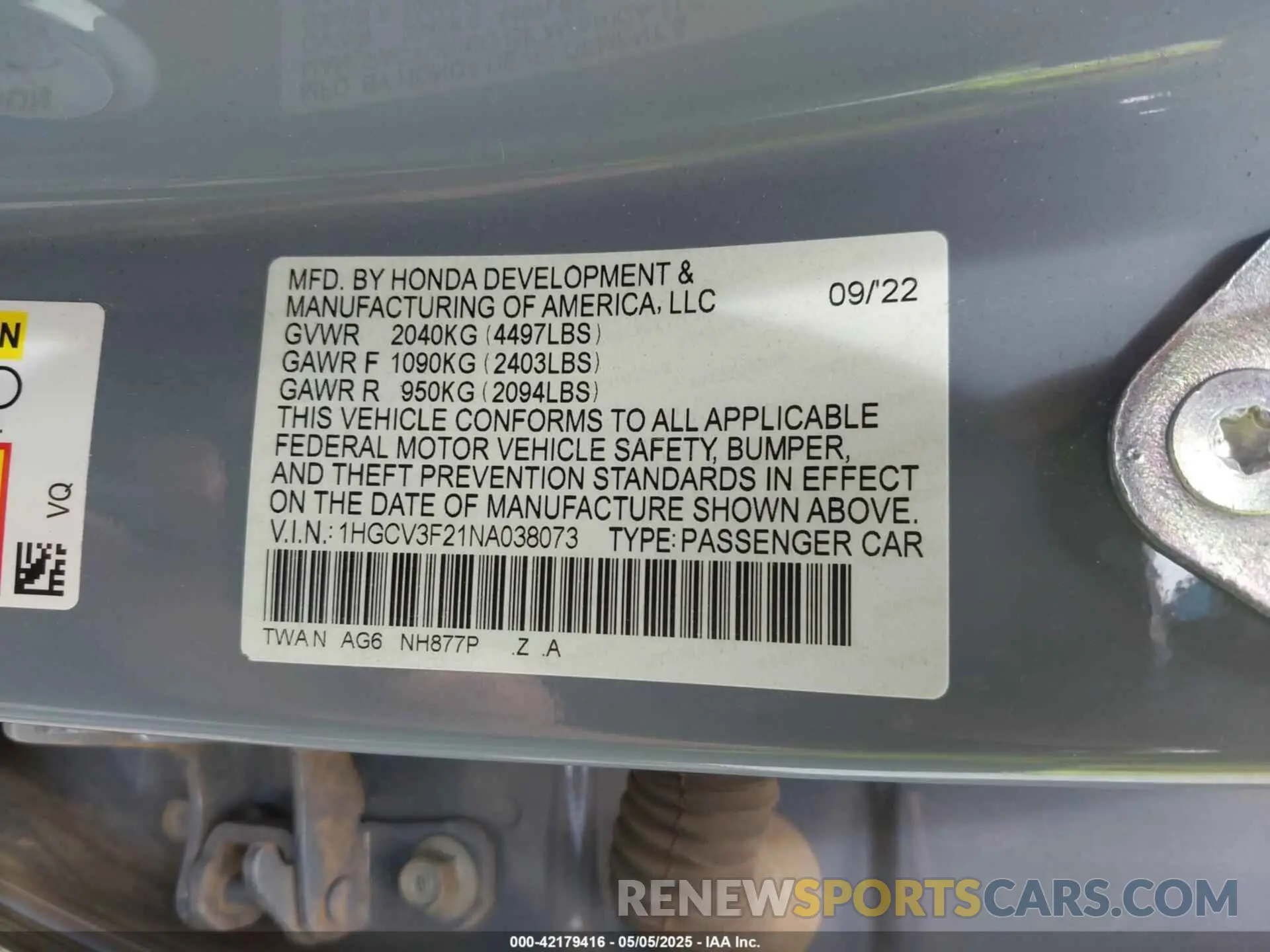 9 Photograph of a damaged car 1HGCV3F21NA038073 HONDA ACCORD 2022