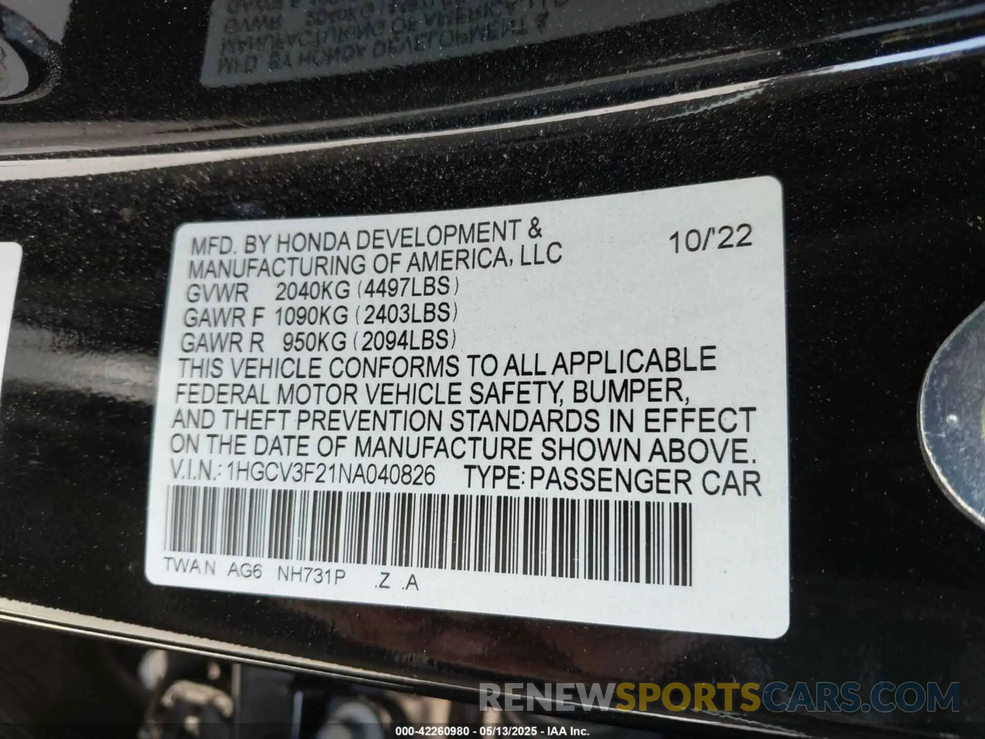 9 Photograph of a damaged car 1HGCV3F21NA040826 HONDA ACCORD 2022