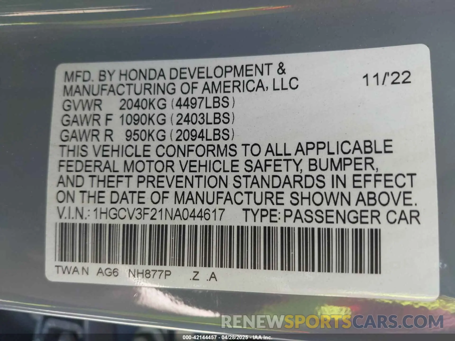 9 Photograph of a damaged car 1HGCV3F21NA044617 HONDA ACCORD 2022