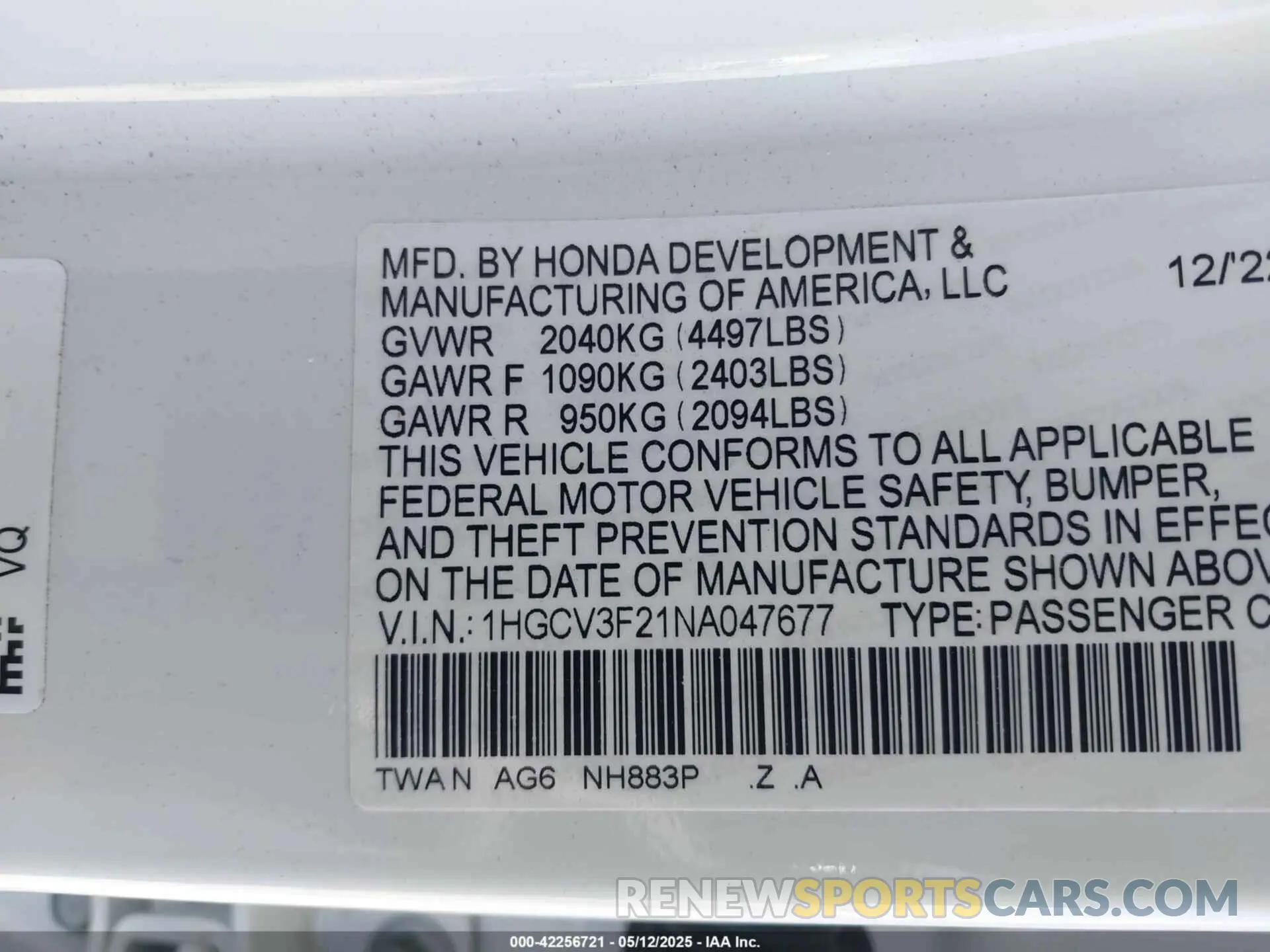 9 Photograph of a damaged car 1HGCV3F21NA047677 HONDA ACCORD 2022