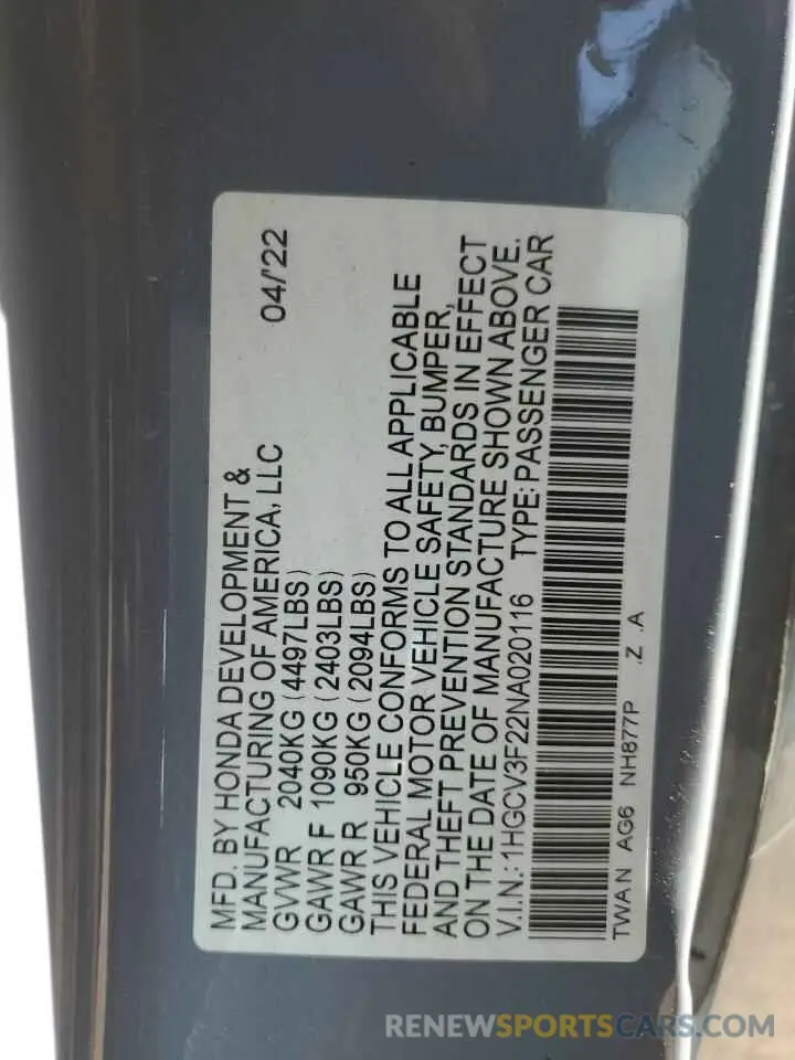 12 Photograph of a damaged car 1HGCV3F22NA020116 HONDA ACCORD 2022