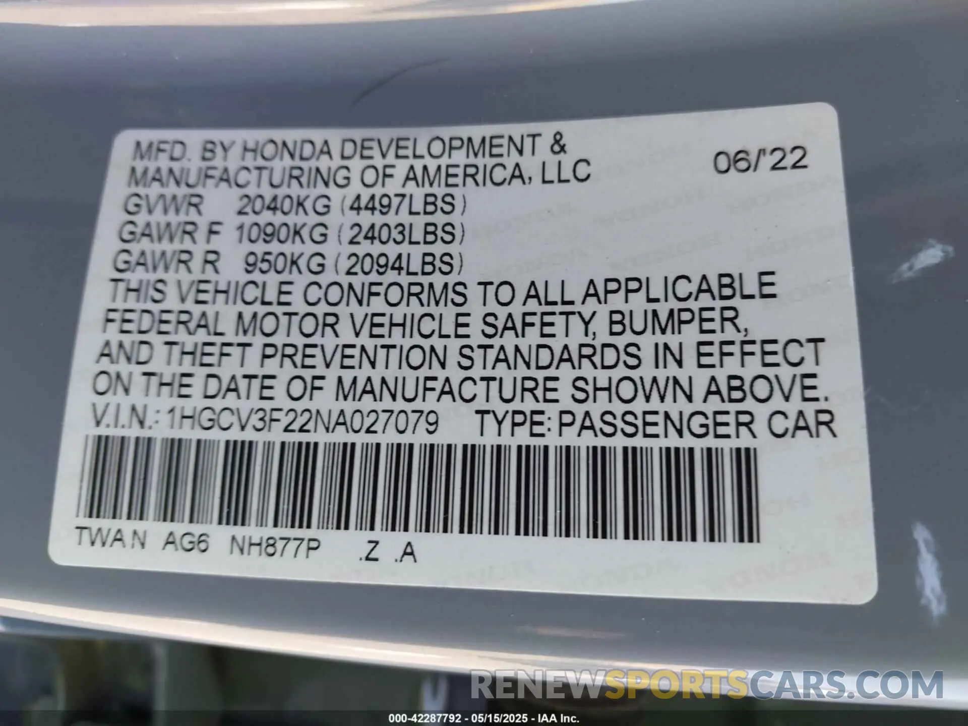 9 Photograph of a damaged car 1HGCV3F22NA027079 HONDA ACCORD 2022