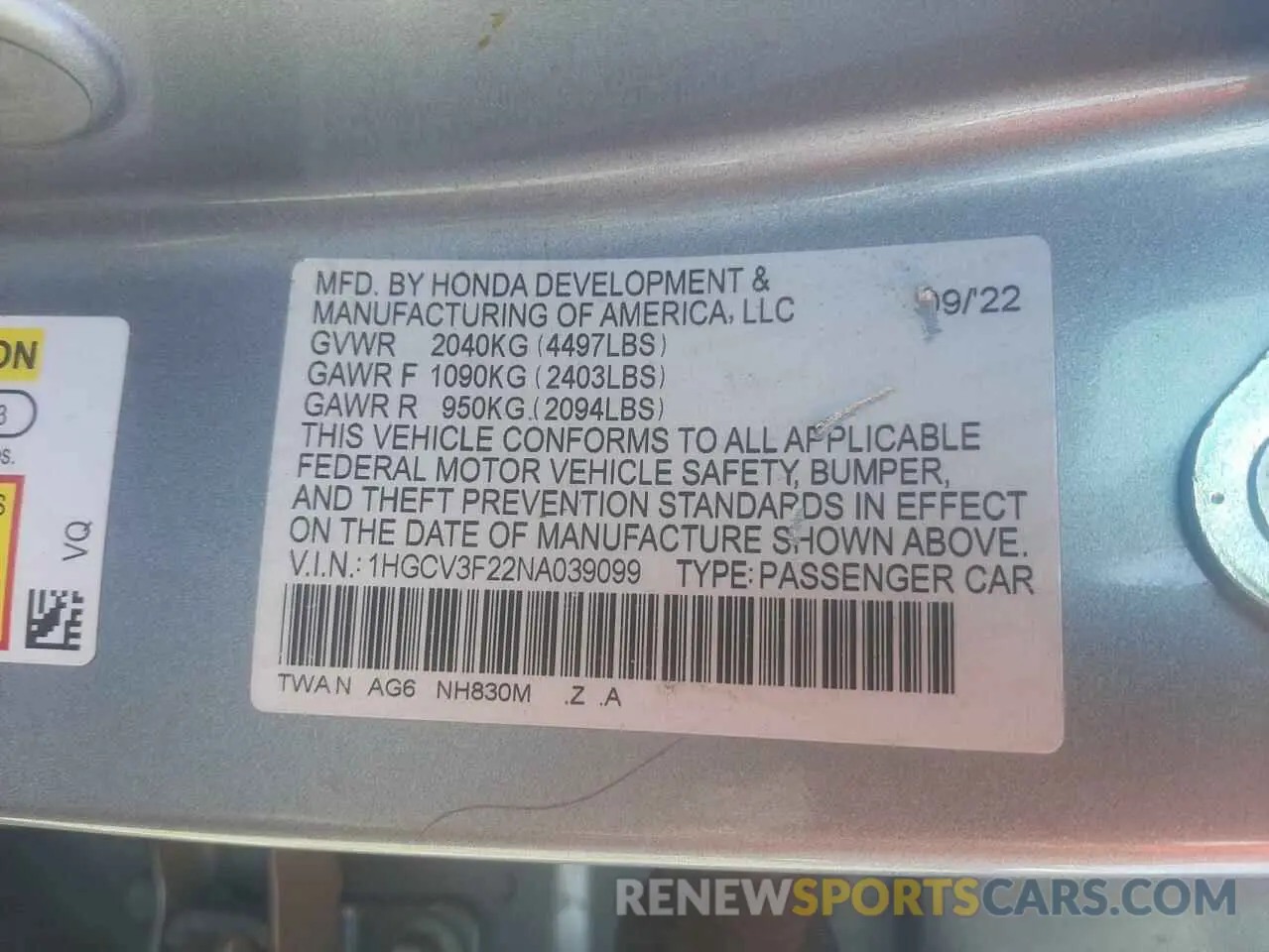 14 Photograph of a damaged car 1HGCV3F22NA039099 HONDA ACCORD 2022