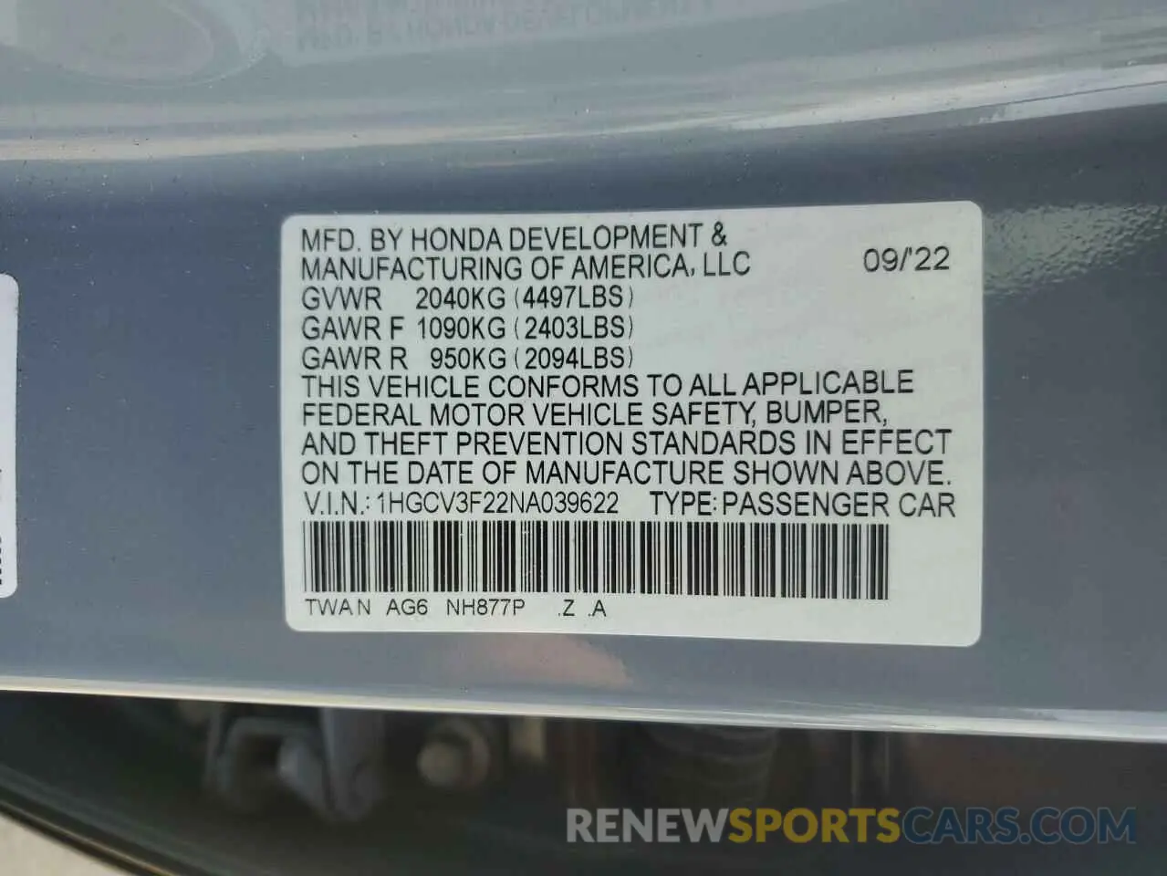 13 Photograph of a damaged car 1HGCV3F22NA039622 HONDA ACCORD 2022
