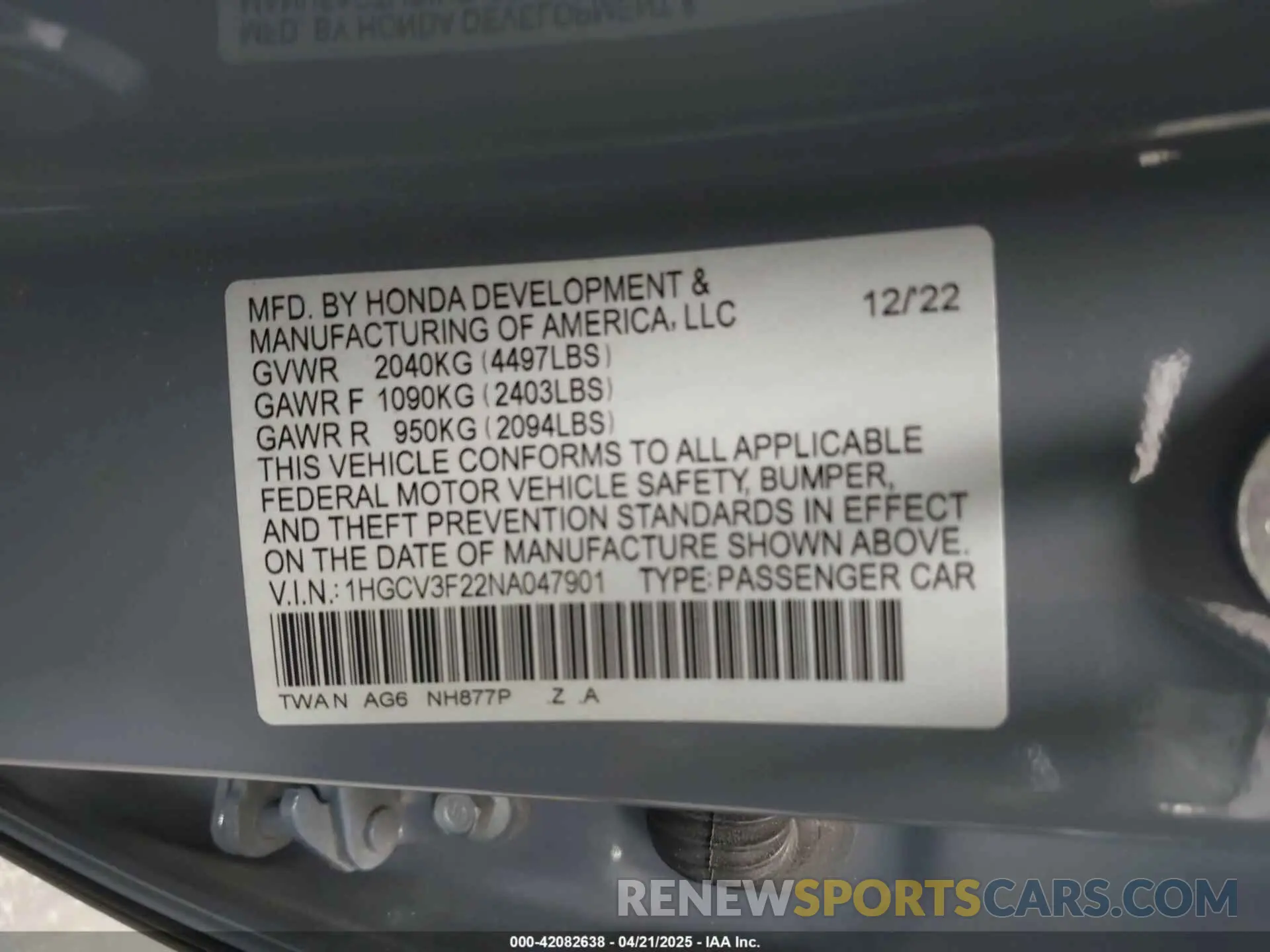 9 Photograph of a damaged car 1HGCV3F22NA047901 HONDA ACCORD 2022