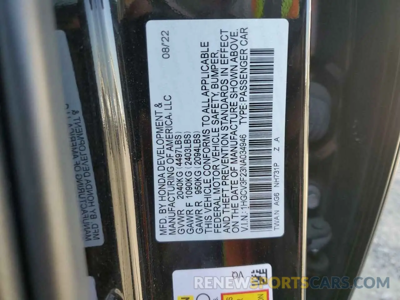 12 Photograph of a damaged car 1HGCV3F23NA034946 HONDA ACCORD 2022