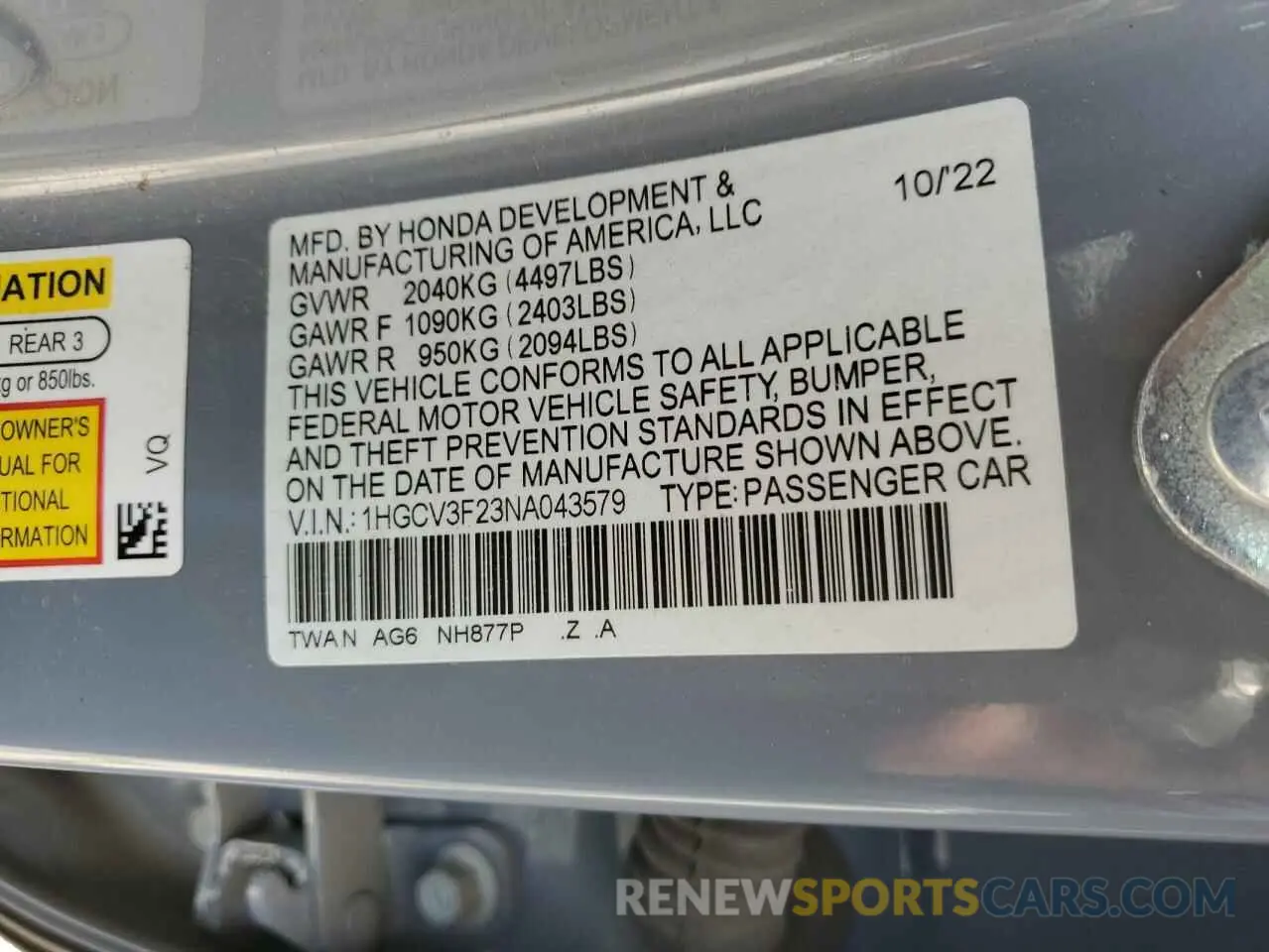 12 Photograph of a damaged car 1HGCV3F23NA043579 HONDA ACCORD 2022