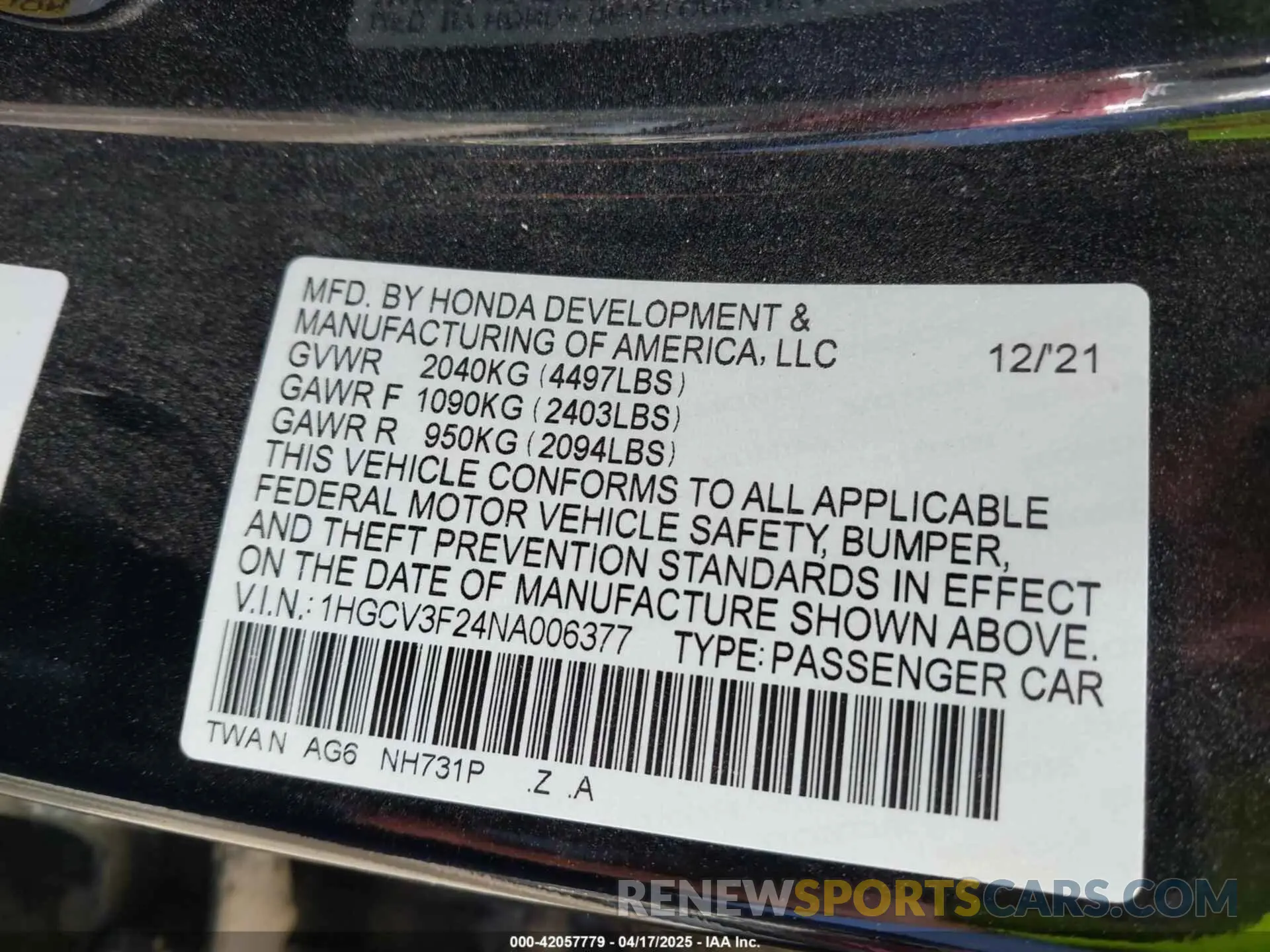9 Photograph of a damaged car 1HGCV3F24NA006377 HONDA ACCORD 2022
