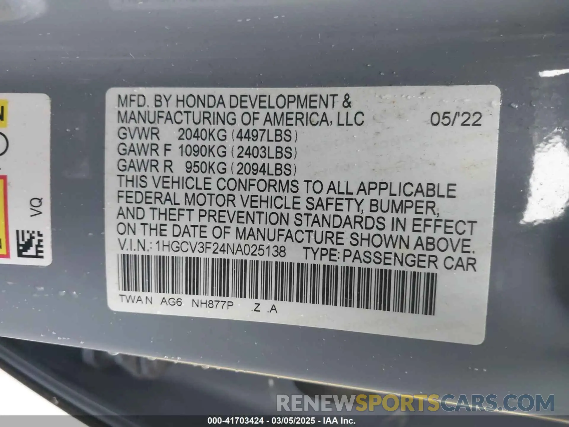 9 Photograph of a damaged car 1HGCV3F24NA025138 HONDA ACCORD 2022