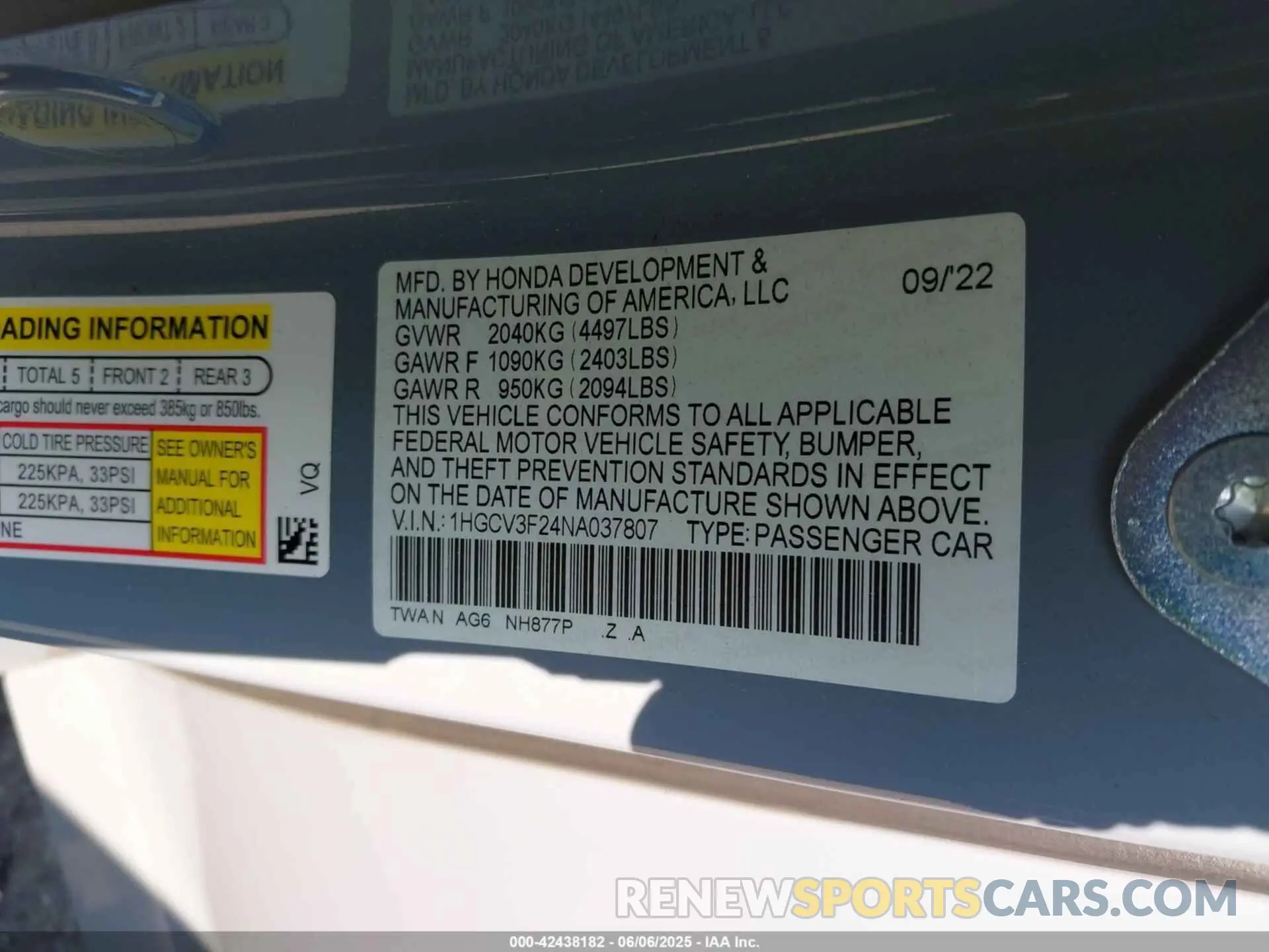 9 Photograph of a damaged car 1HGCV3F24NA037807 HONDA ACCORD 2022