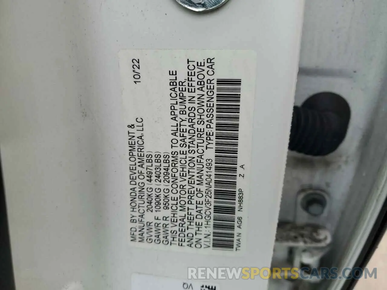 12 Photograph of a damaged car 1HGCV3F25NA041493 HONDA ACCORD 2022